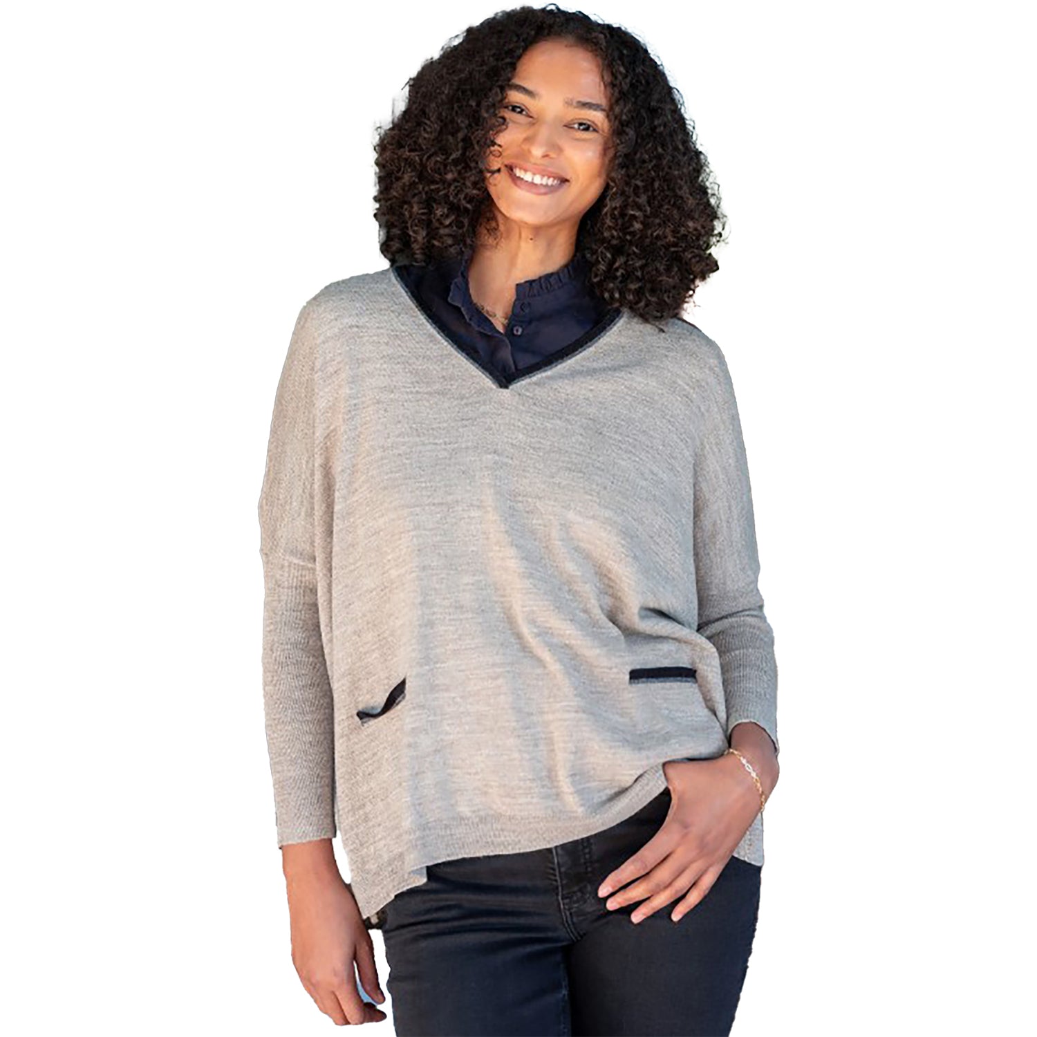 Womens Mersea Mersea Catalina Triple Crown V-Neck Sweater Women's Long Sleeve Top Driftwood Ringer Driftwood Ringer