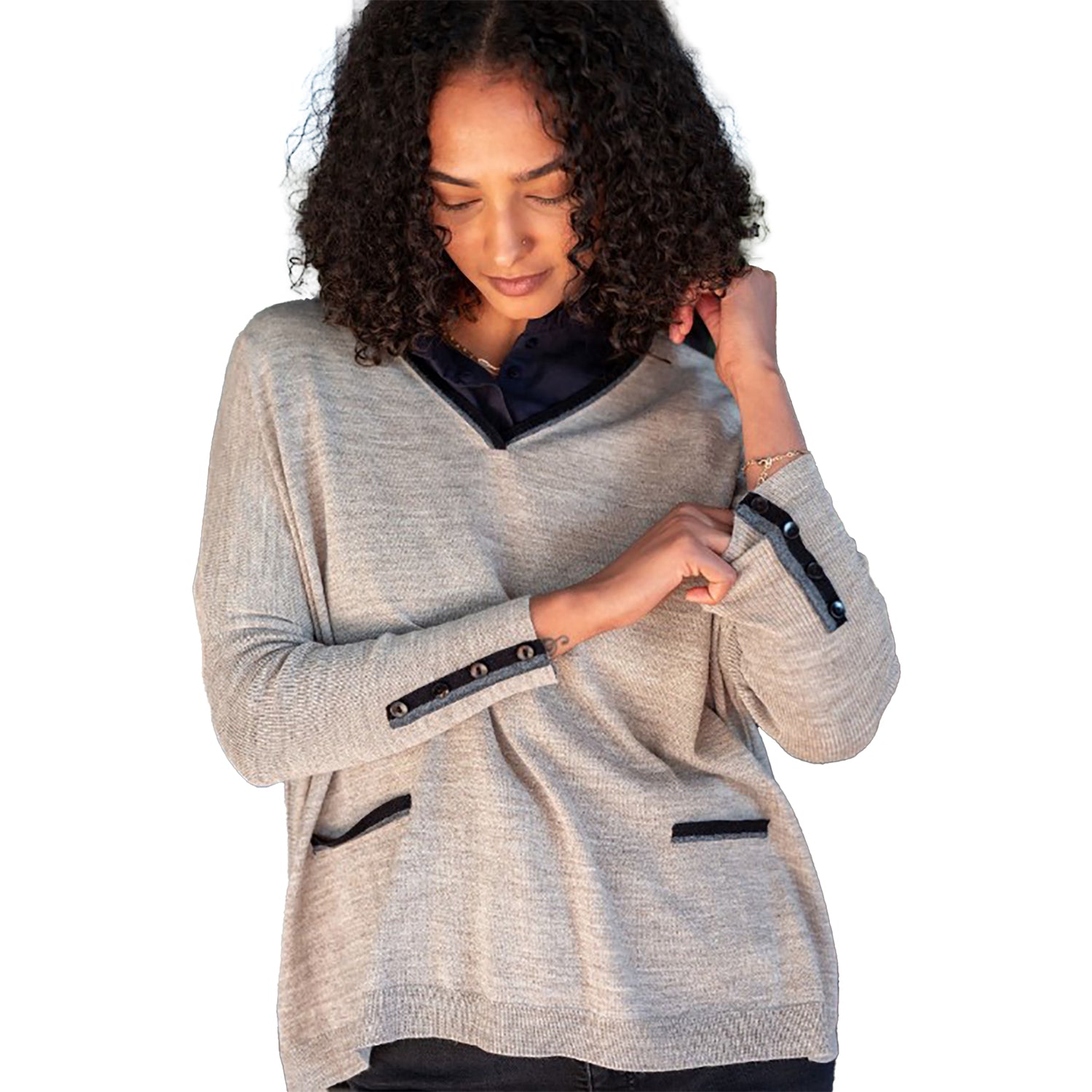 Womens Mersea Mersea Catalina Triple Crown V-Neck Sweater Women's Long Sleeve Top Driftwood Ringer Driftwood Ringer