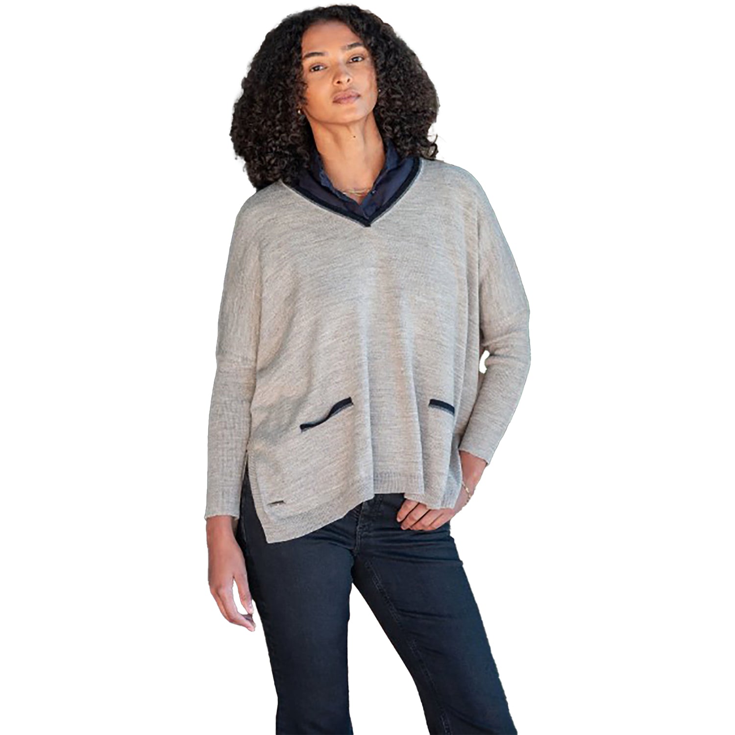 Womens Mersea Mersea Catalina Triple Crown V-Neck Sweater Women's Long Sleeve Top Driftwood Ringer Driftwood Ringer