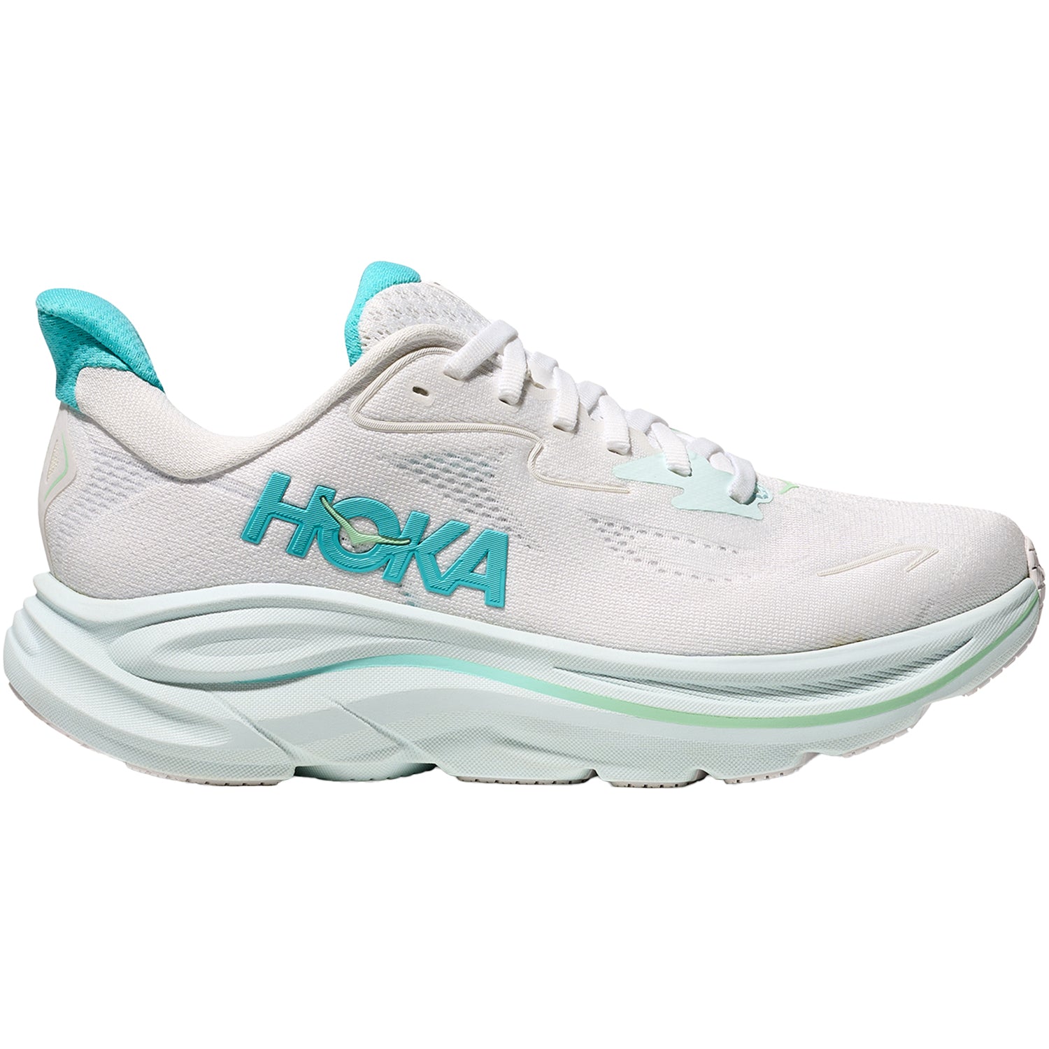 Womens Hoka one one Women's Hoka Clifton 10 White/Cielo Blue Mesh (Neutral Support) White/Cielo Blue