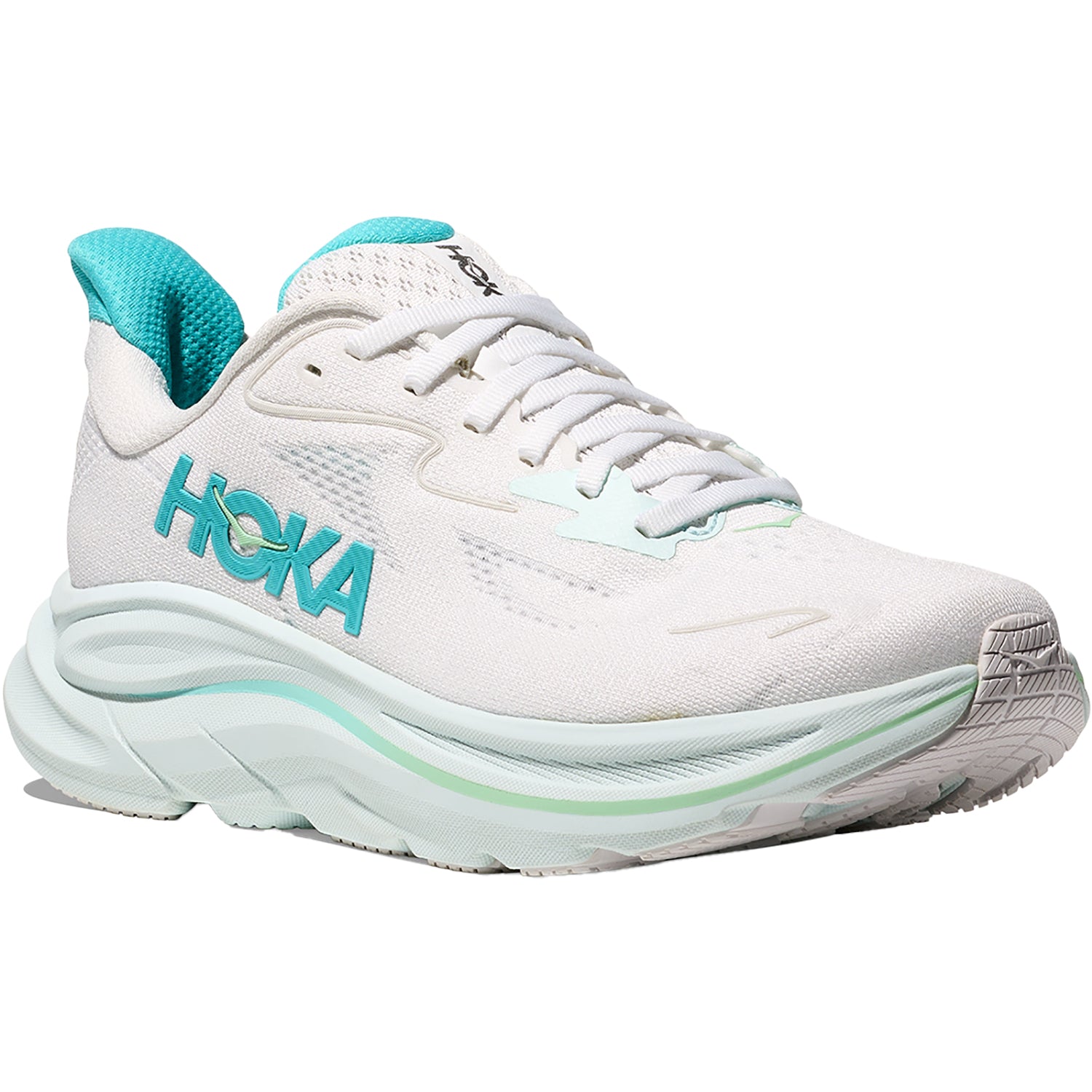 Womens Hoka one one Women's Hoka Clifton 10 White/Cielo Blue Mesh (Neutral Support) White/Cielo Blue