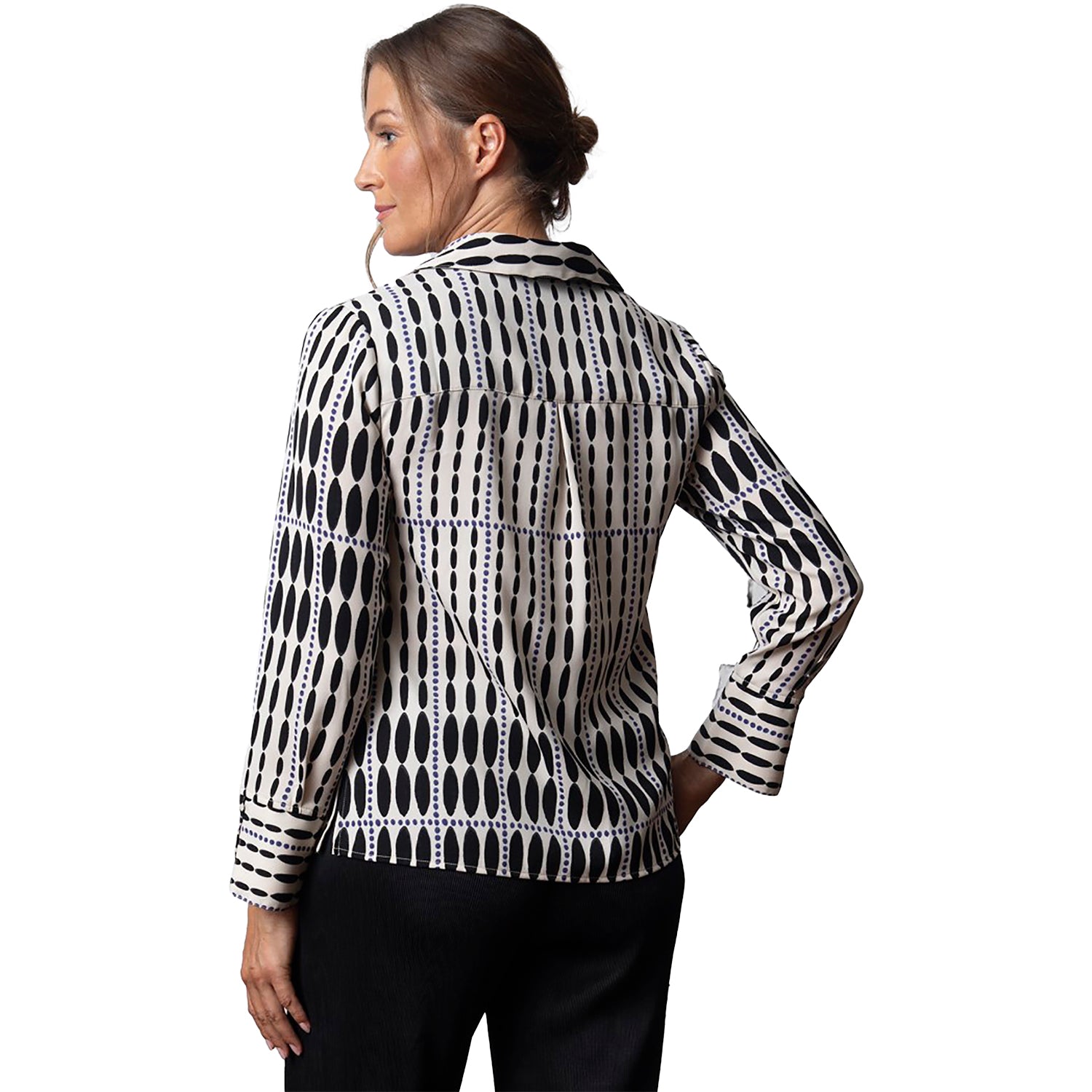 Womens Olivia by habitat Olivia By Habitat Crepe Georgette V-Neck Buttondown Shirt Raindrop Grid Women's Tops Long Sleeve Shell Shell