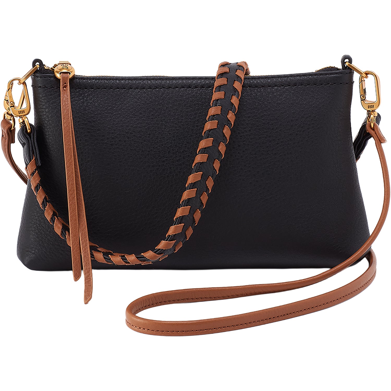 Womens Hobo Hobo Darcy Crossbody Handbag Black Pebbled Leather with Timber Brown Trim Black Pebbled Leather with Timber Brown Trim