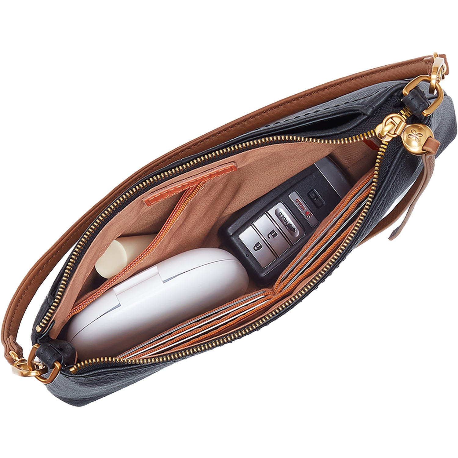 Womens Hobo Hobo Darcy Crossbody Handbag Black Pebbled Leather with Timber Brown Trim Black Pebbled Leather with Timber Brown Trim