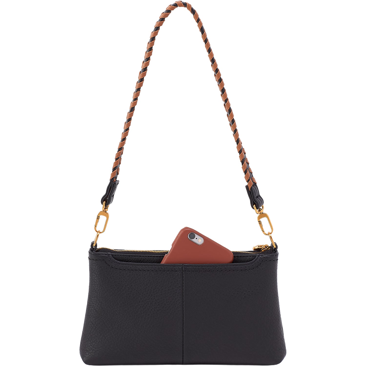 Womens Hobo Hobo Darcy Crossbody Handbag Black Pebbled Leather with Timber Brown Trim Black Pebbled Leather with Timber Brown Trim