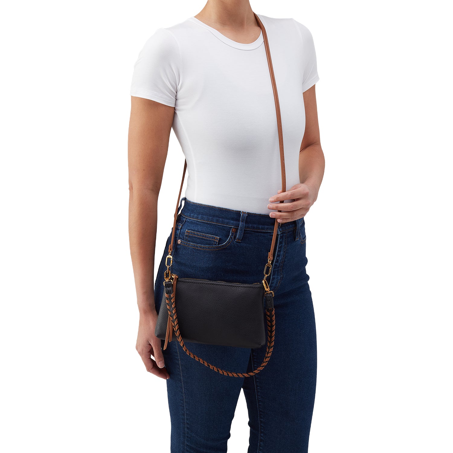 Womens Hobo Hobo Darcy Crossbody Handbag Black Pebbled Leather with Timber Brown Trim Black Pebbled Leather with Timber Brown Trim