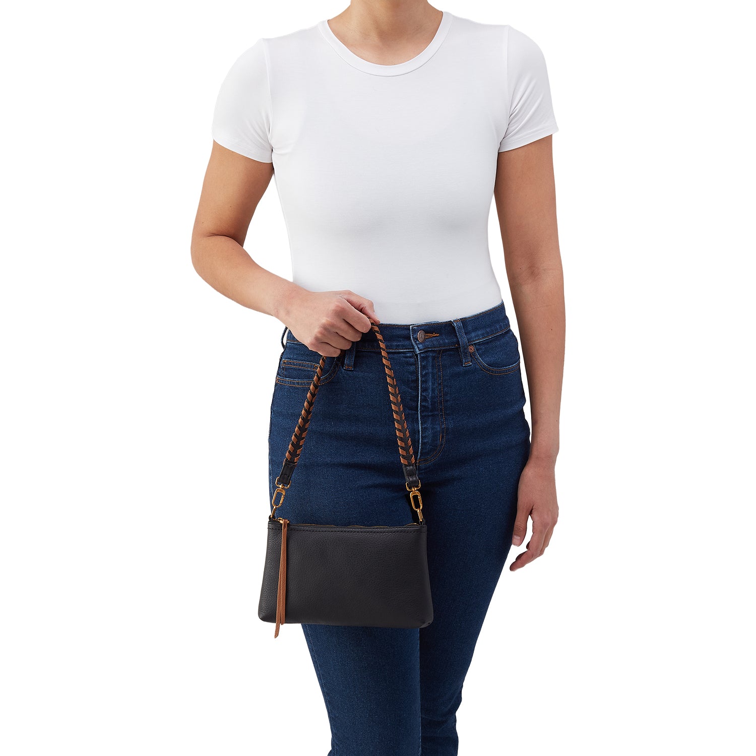 Womens Hobo Hobo Darcy Crossbody Handbag Black Pebbled Leather with Timber Brown Trim Black Pebbled Leather with Timber Brown Trim