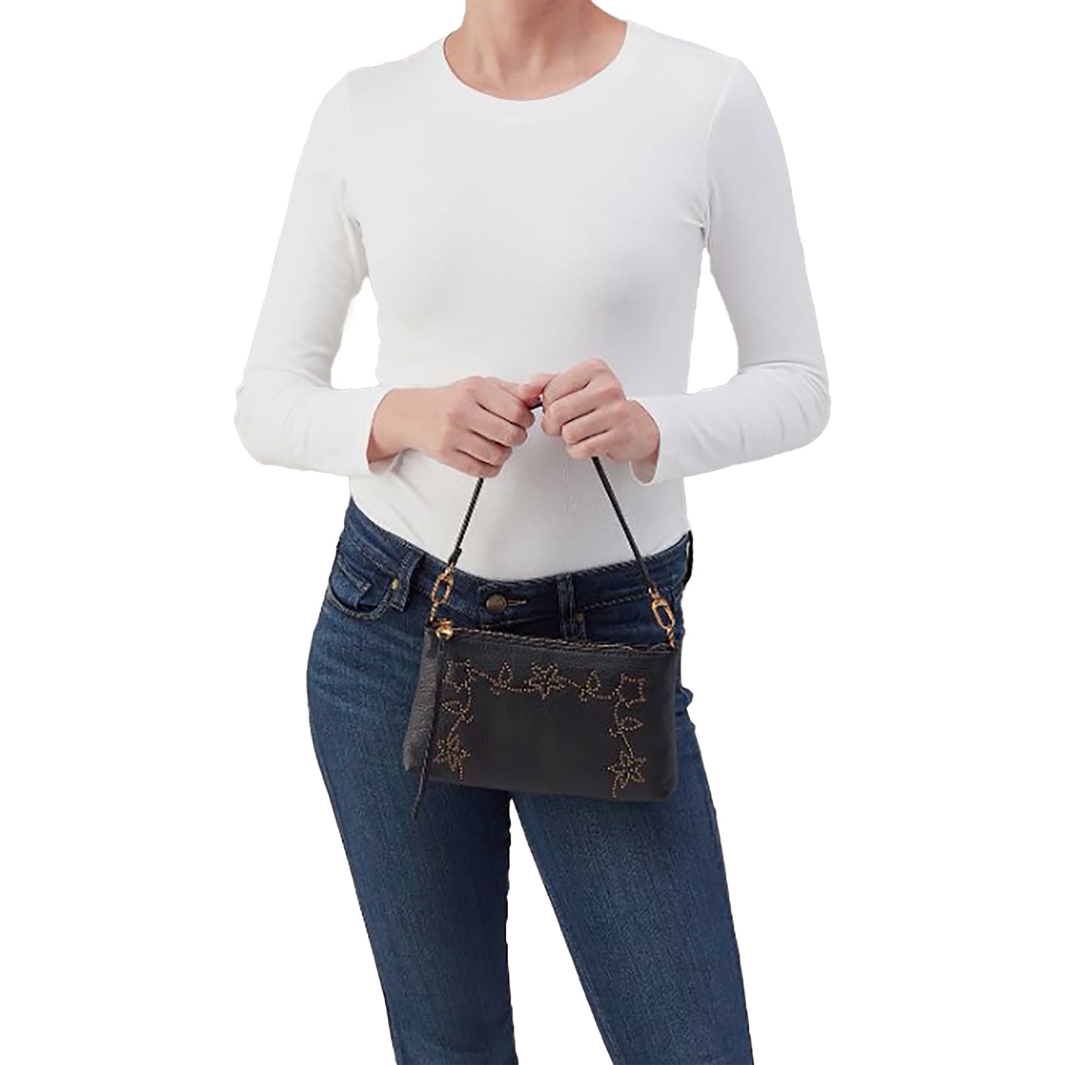 Womens Hobo Hobo Darcy Handbag Black Leather with Floral Studs Black Leather with Floral Studs