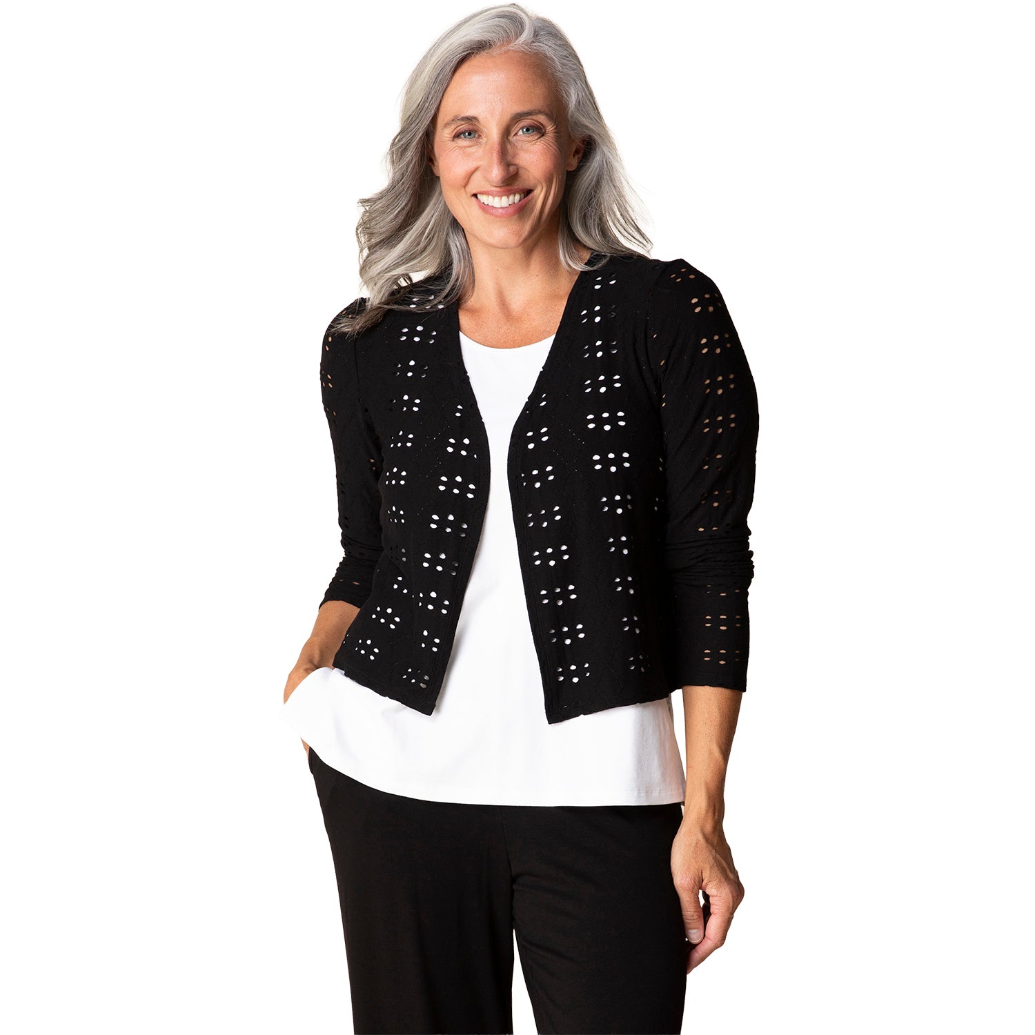 Womens Habitat Habitat Eyelet Blooms Open Front Jacket Women's Outerwear Black Black