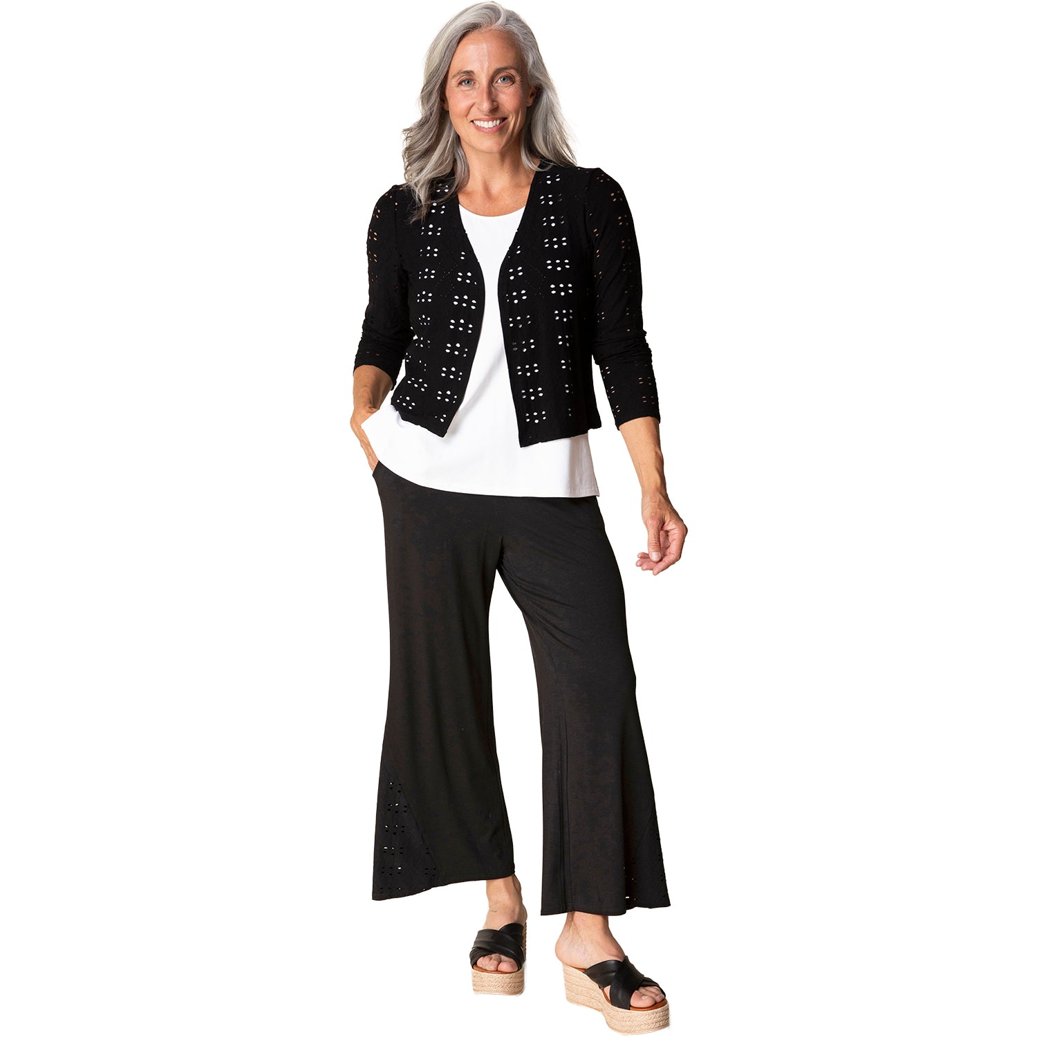 Womens Habitat Habitat Eyelet Blooms Open Front Jacket Women's Outerwear Black Black