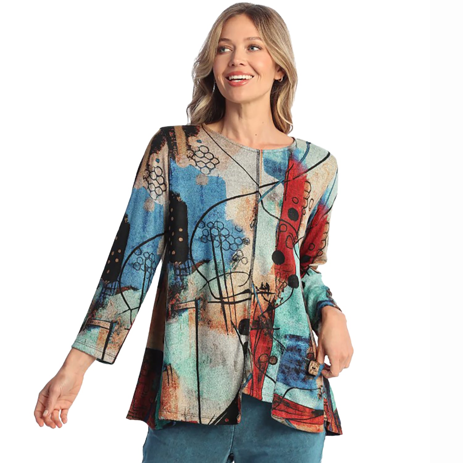 Womens Jess & jane Jess & Jane Long Sleeve Pocket Tunic Women's Tops Long Sleeve Vogue Red Multi Vogue Red Multi