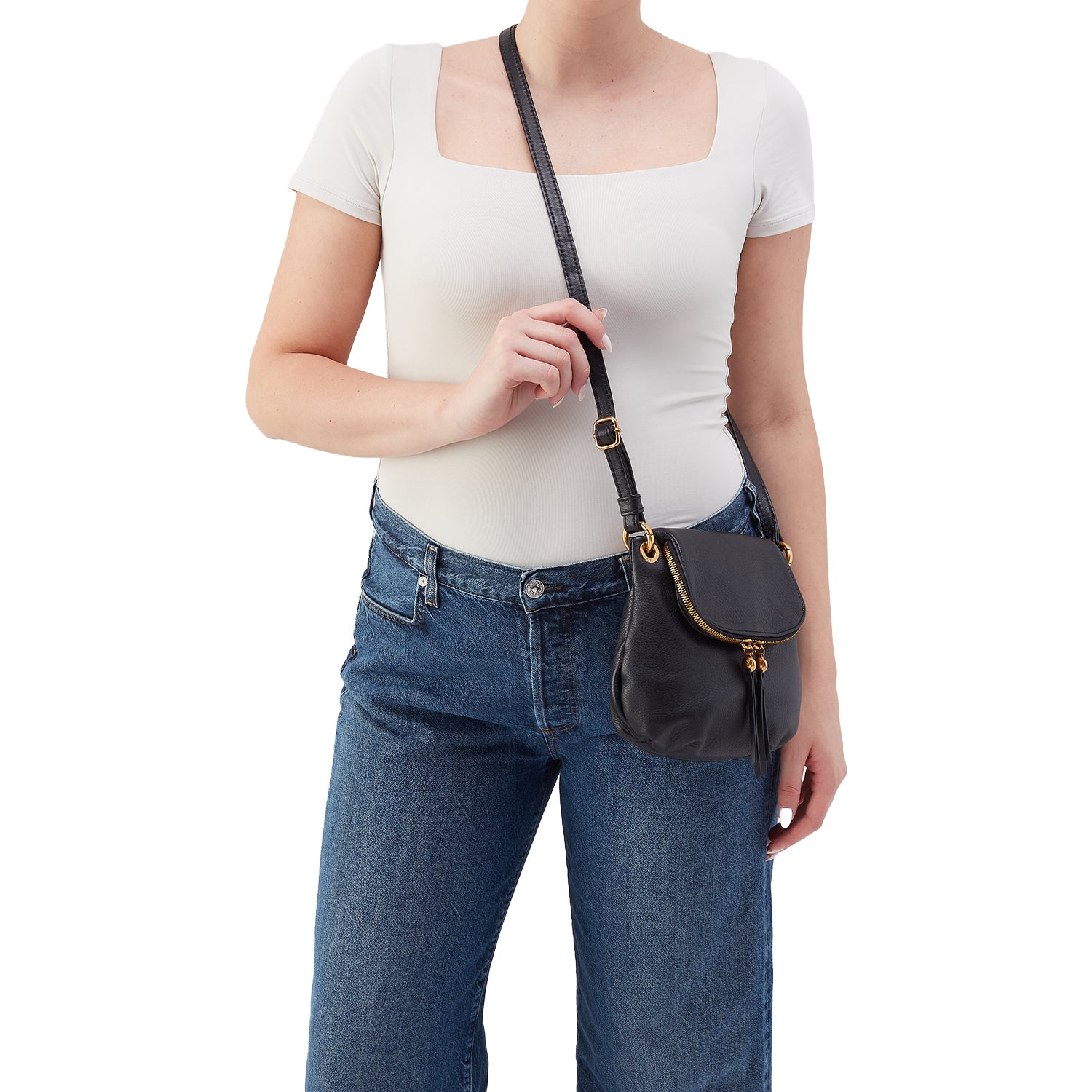Womens Hobo Hobo Fern Zip-Flap Crossbody Handbag Black Pebbled Leather Black Pebbled Leather