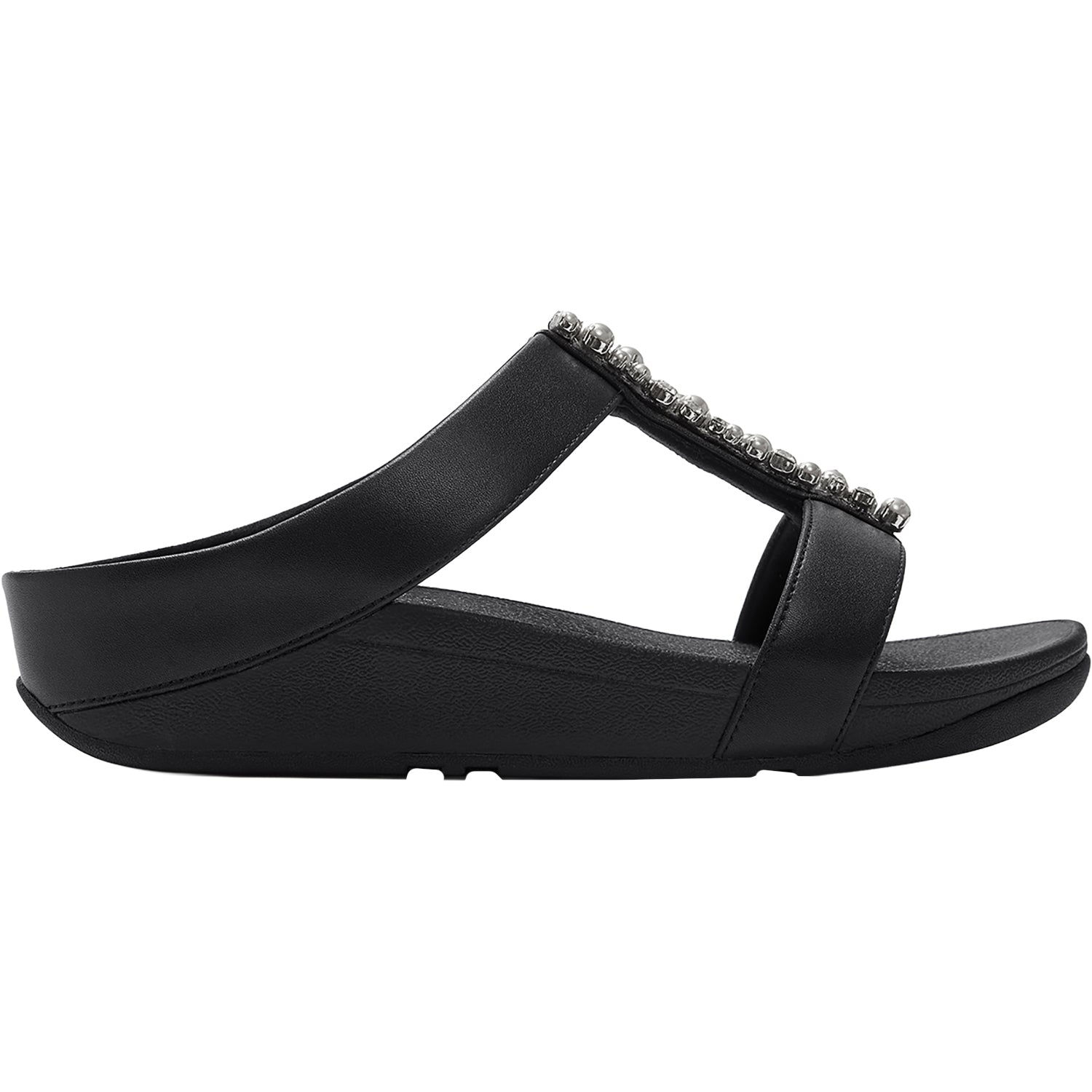 Womens Fit flop FitFlop Fino Pearls-and-Crystal H-Bar Slide Women's Slide Sandals Black Black