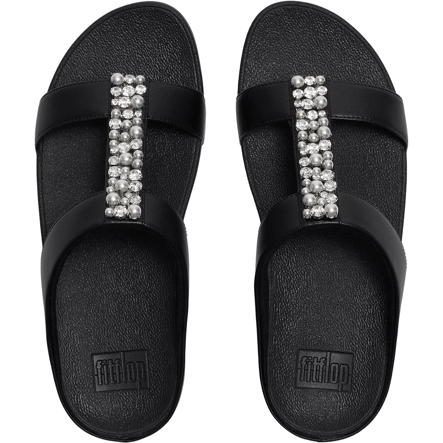 Womens Fit flop FitFlop Fino Pearls-and-Crystal H-Bar Slide Women's Slide Sandals Black Black