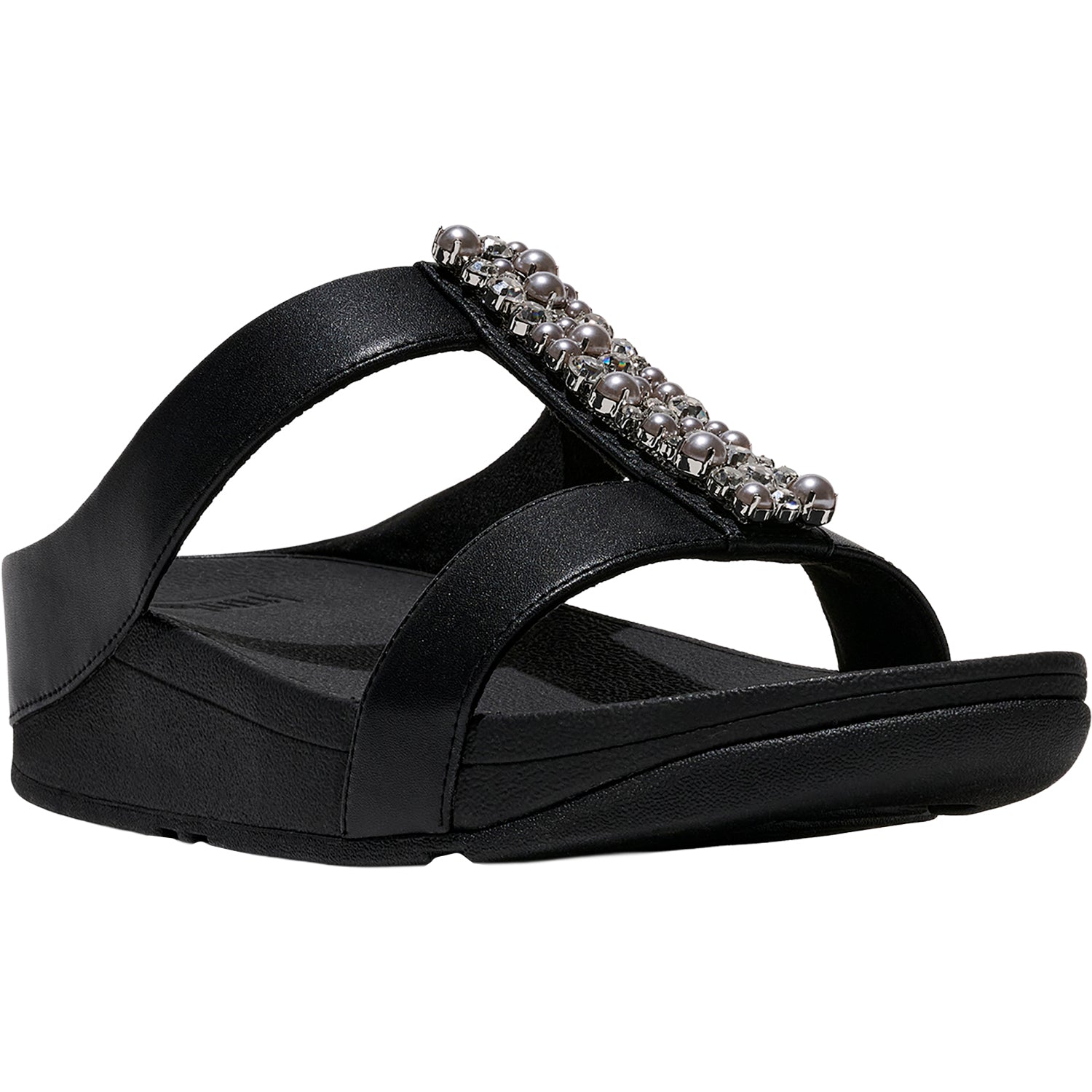 Womens Fit flop FitFlop Fino Pearls-and-Crystal H-Bar Slide Women's Slide Sandals Black Black