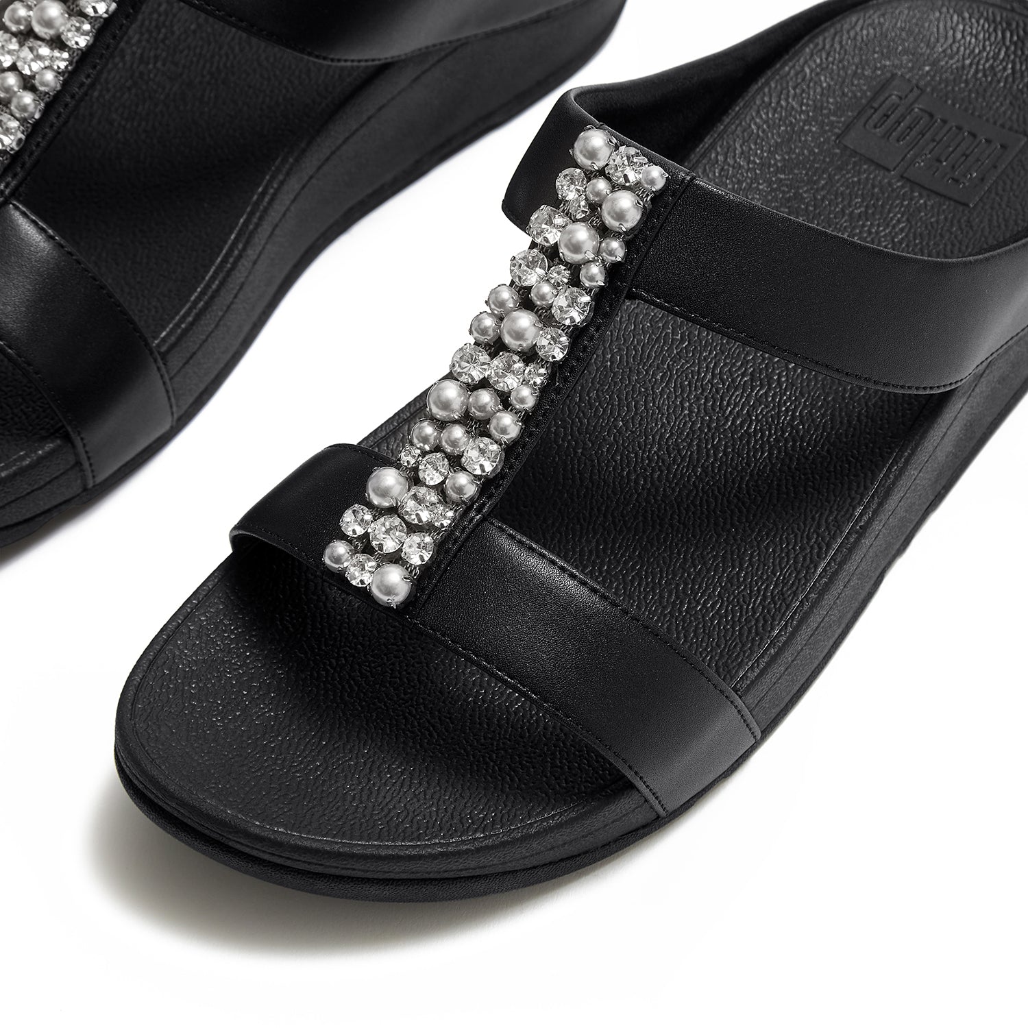Womens Fit flop FitFlop Fino Pearls-and-Crystal H-Bar Slide Women's Slide Sandals Black Black