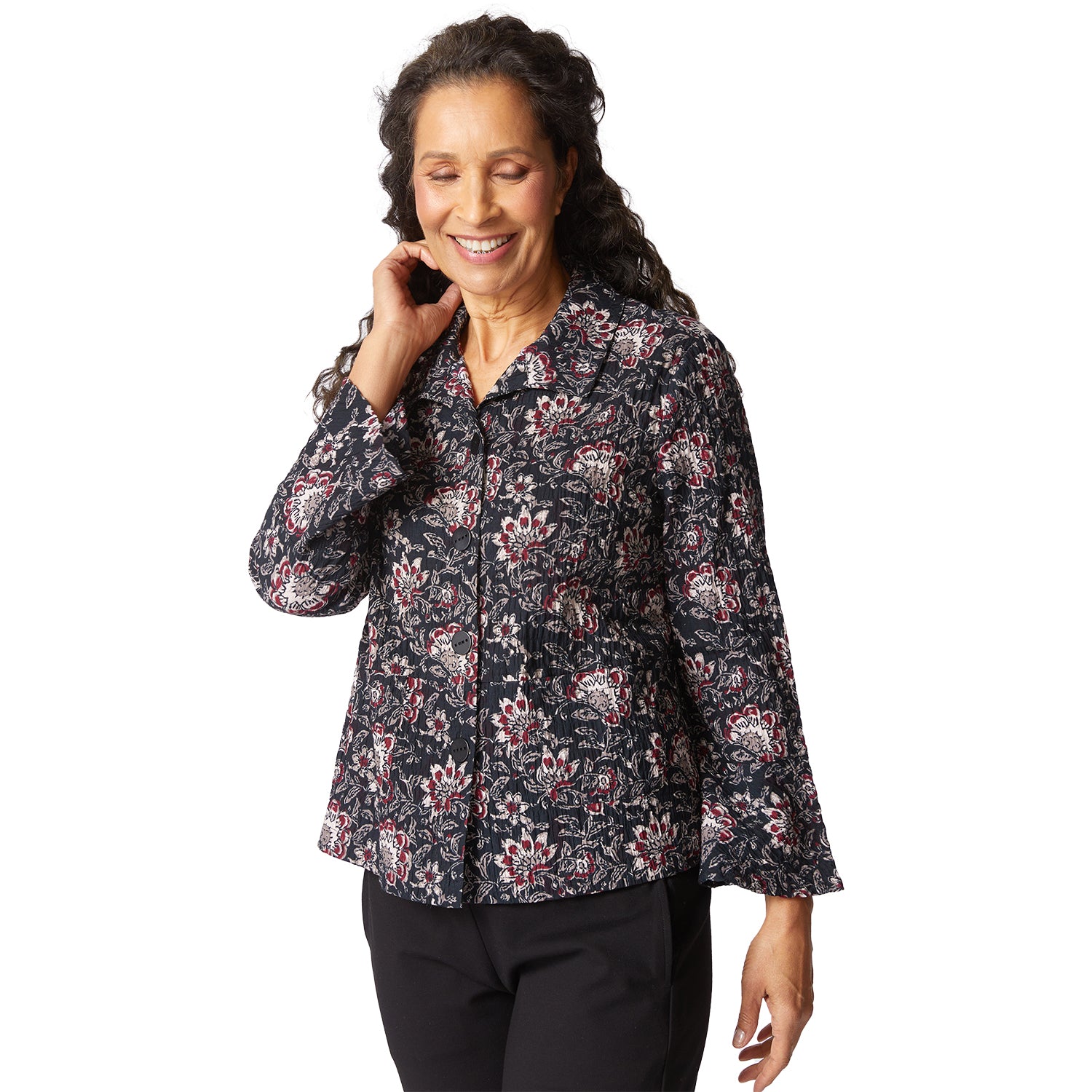 Womens Habitat Habitat Floral Block Print Flounce Jacket Women's Tops Long Sleeve Black Black