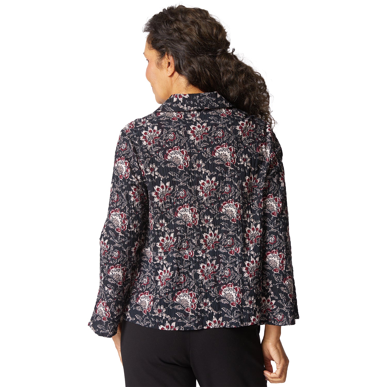 Womens Habitat Habitat Floral Block Print Flounce Jacket Women's Tops Long Sleeve Black Black