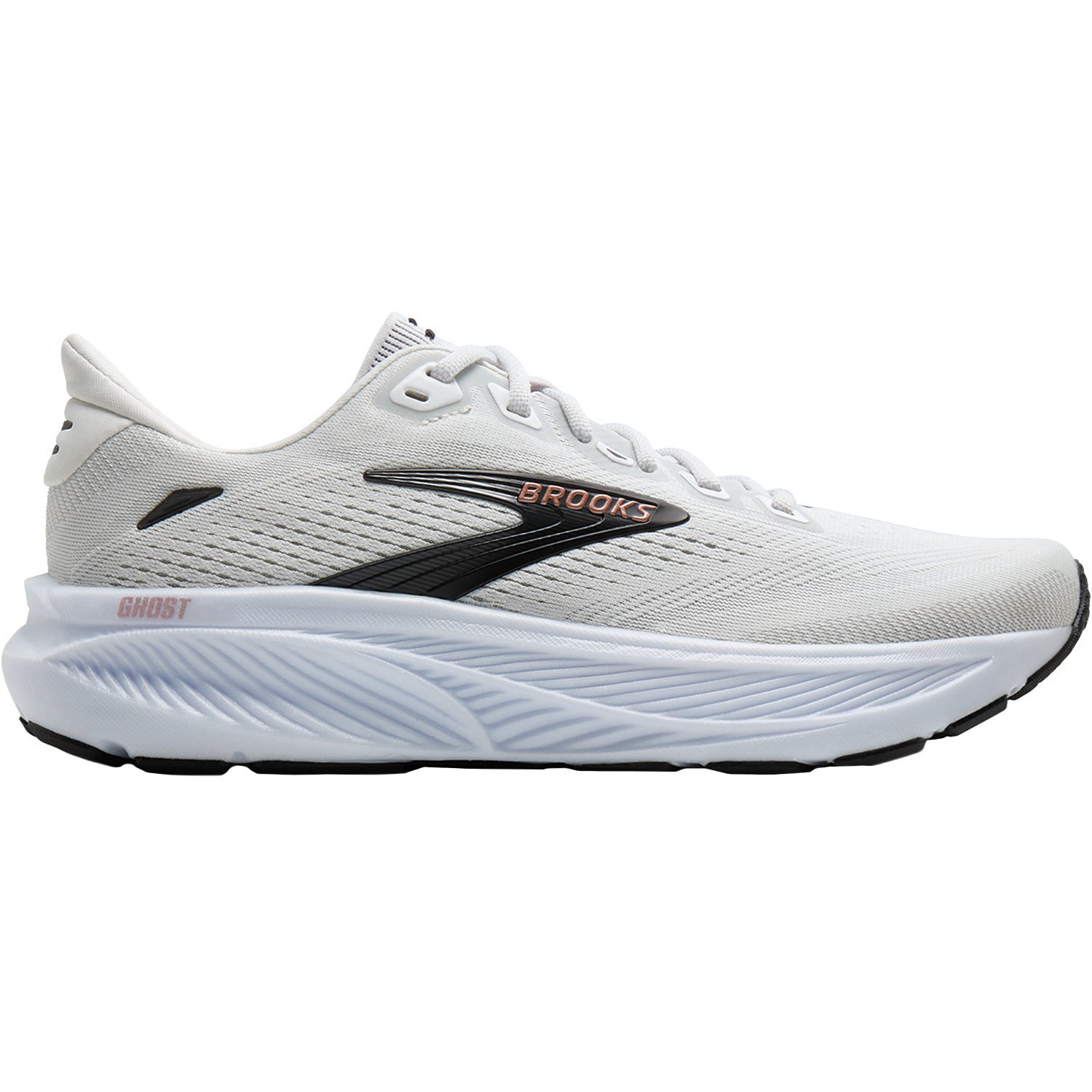 Womens Brooks Brooks Ghost 18 Women's Athletic Shoes White/Black/Rose Gold (Neutral Support) White/Black/Rose Gold