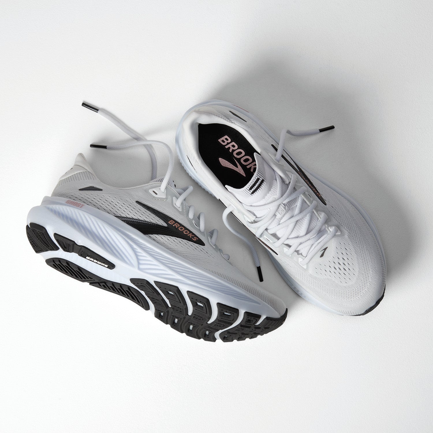 Womens Brooks Brooks Ghost 18 Women's Athletic Shoes White/Black/Rose Gold (Neutral Support) White/Black/Rose Gold