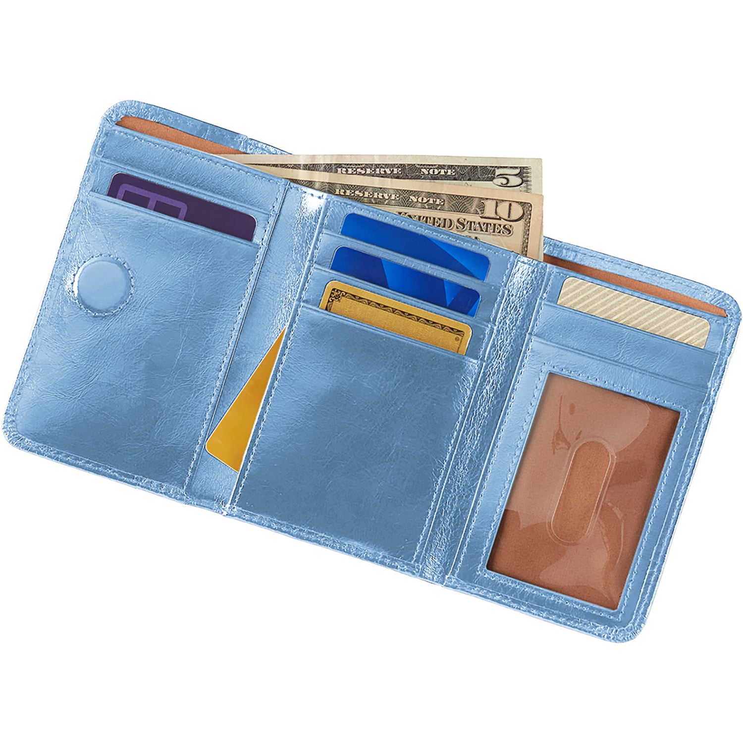 Womens Hobo Hobo Jill Trifold Wallet Faded Denim Polished Leather Faded Denim Polished Leather
