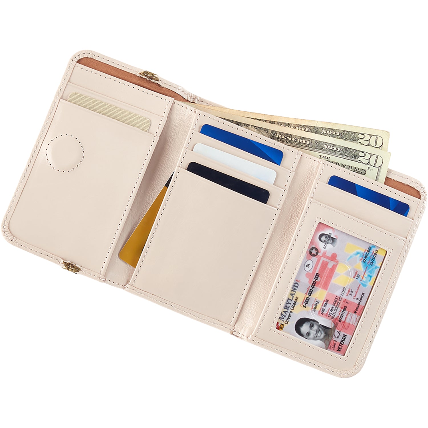 Womens Hobo Hobo Jill Trifold Wallet Pale Flax Polished Leather Pale Flax Polished Leather