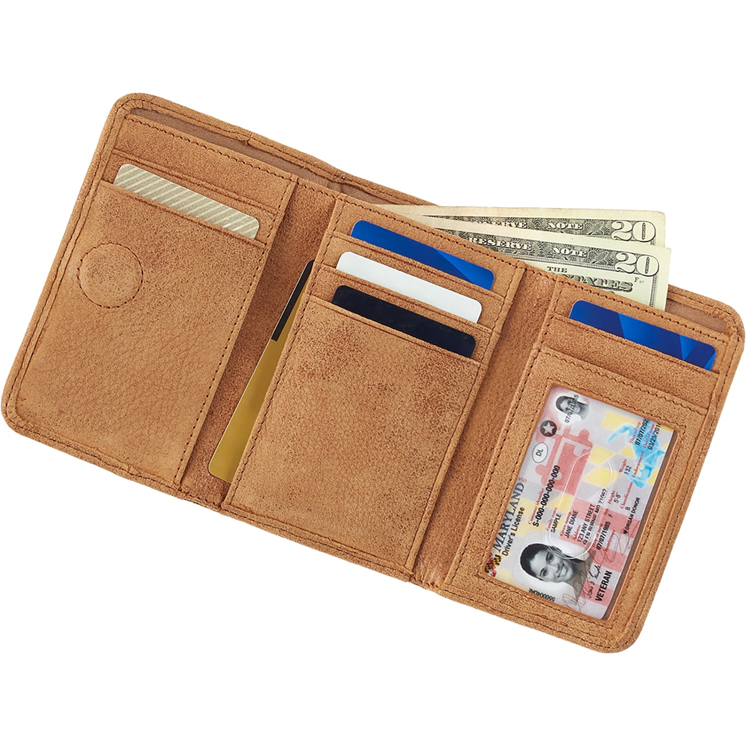 Womens Hobo Hobo International Jill Trifold Wallet Handbag Buffed Whiskey w/Leather Stitch Buffed Whiskey w/Leather Stitch