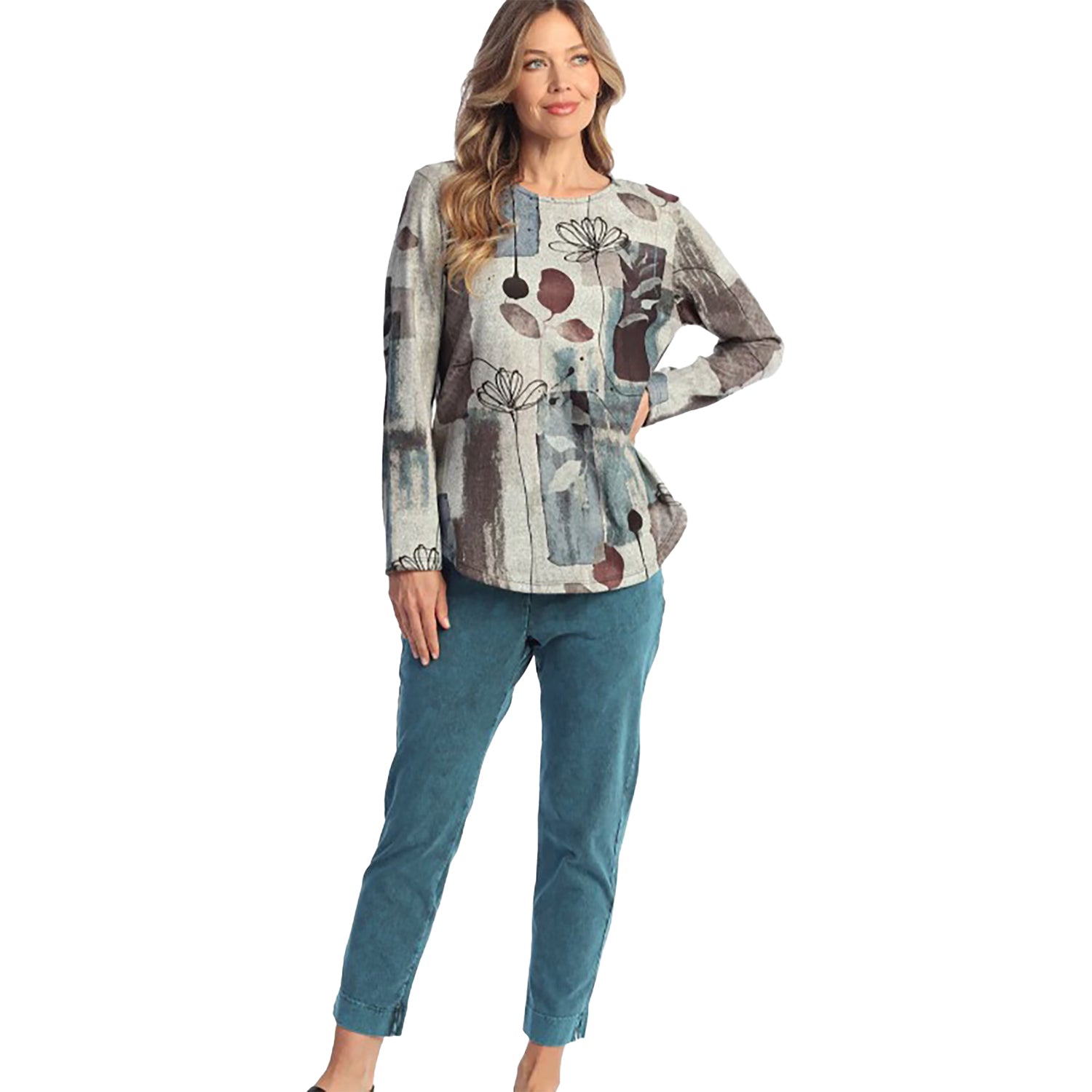 Womens Jess & jane Jess & Jane Long-Sleeve Crew Neck Women's Tops Long Sleeve Grey Multi/Orelia Blue Grey Multi/Orelia Blue