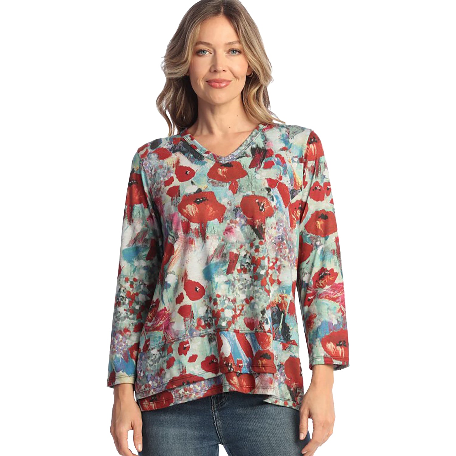 Womens Jess & jane Jess & Jane Long Sleeve V-Neck Women's Tops Long Sleeve Prima Red Multi Prima Red Multi