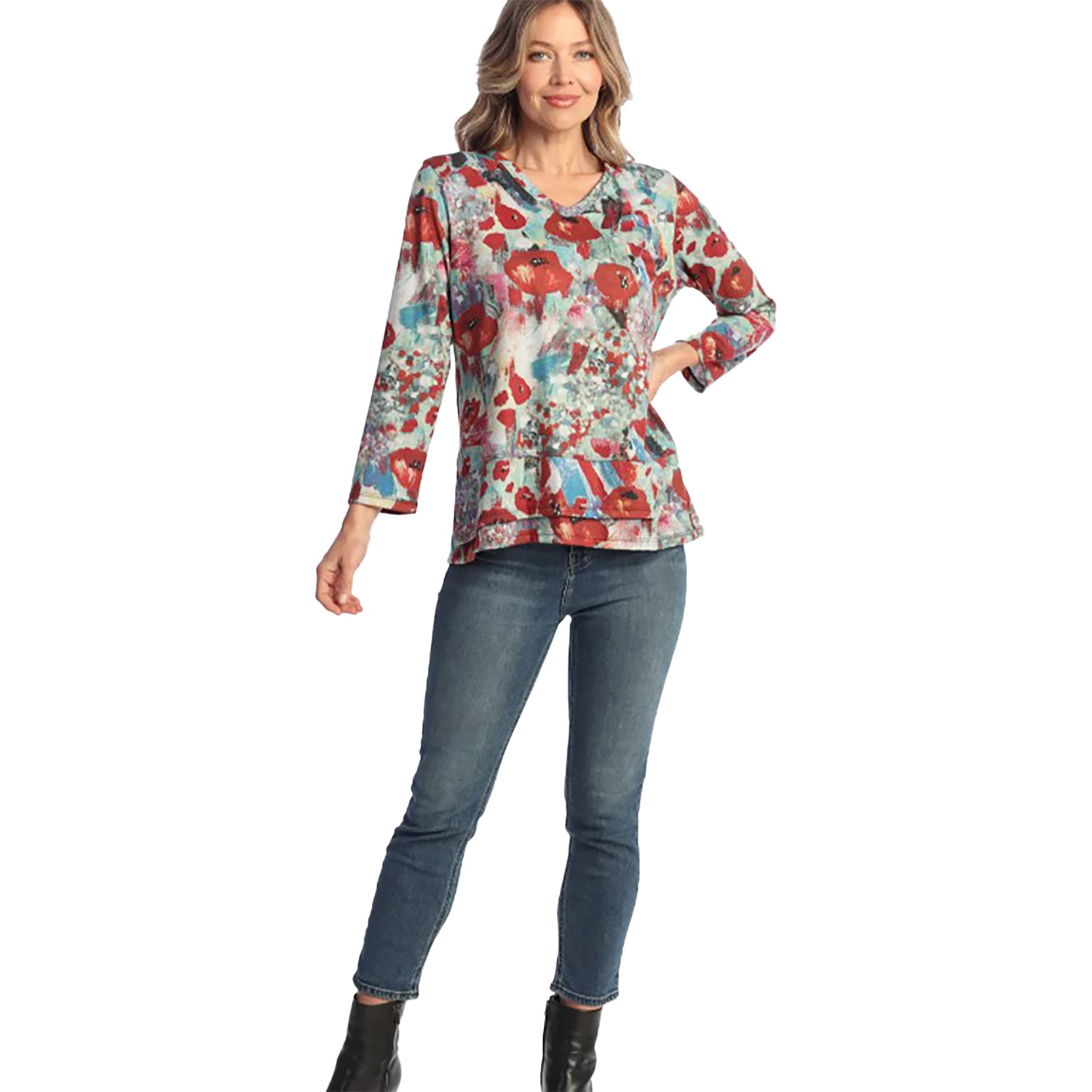 Womens Jess & jane Jess & Jane Long Sleeve V-Neck Women's Tops Long Sleeve Prima Red Multi Prima Red Multi