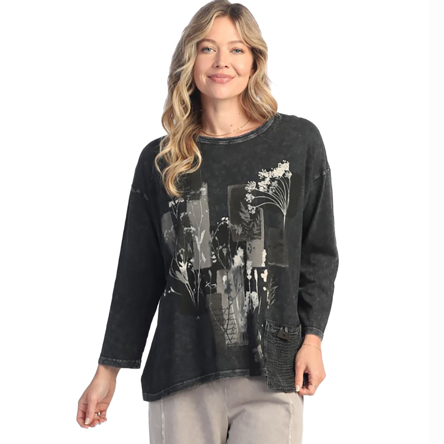 Womens Jess & jane Jess & Jane Mineral Wash Pocket Tunic Tunic Women's Tops Long Sleeve Black Black