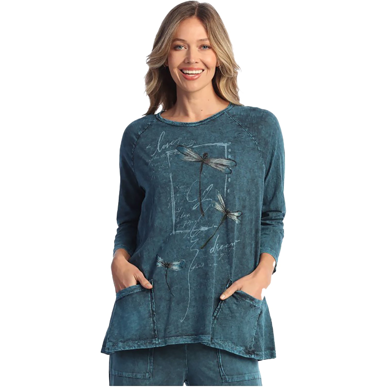 Womens Jess & jane Women's Jess & Jane Mineral Wash Long-Sleeve Pocket Tunic Flutter Sapphire Flutter Sapphire