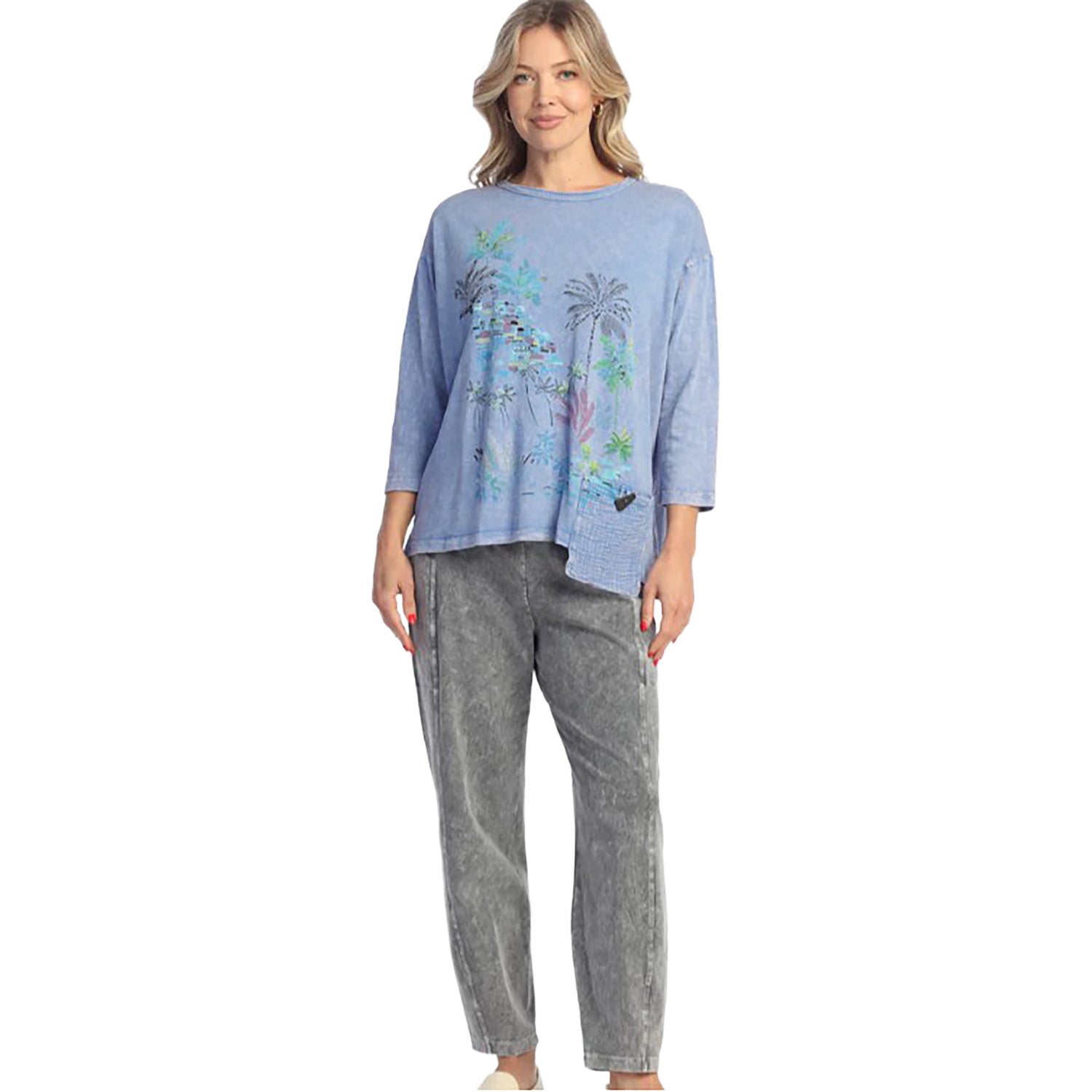 Womens Jess & jane Jess & Jane Mineral Wash 3/4 Sleeve Top with Pocket Women's Long Sleeve Top Caribe Caribe