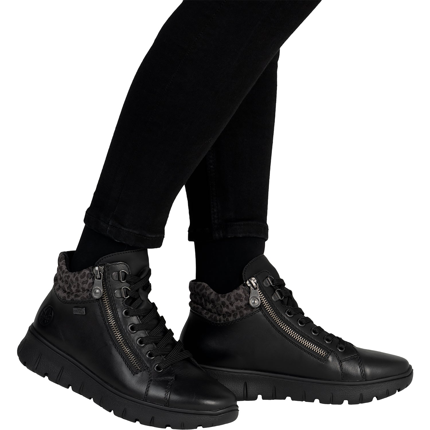 Womens Rieker Rieker N1305-00 Women's Booties Schwarz/Leopard Grey/Schwarz Schwarz/Leopard Grey/Schwarz