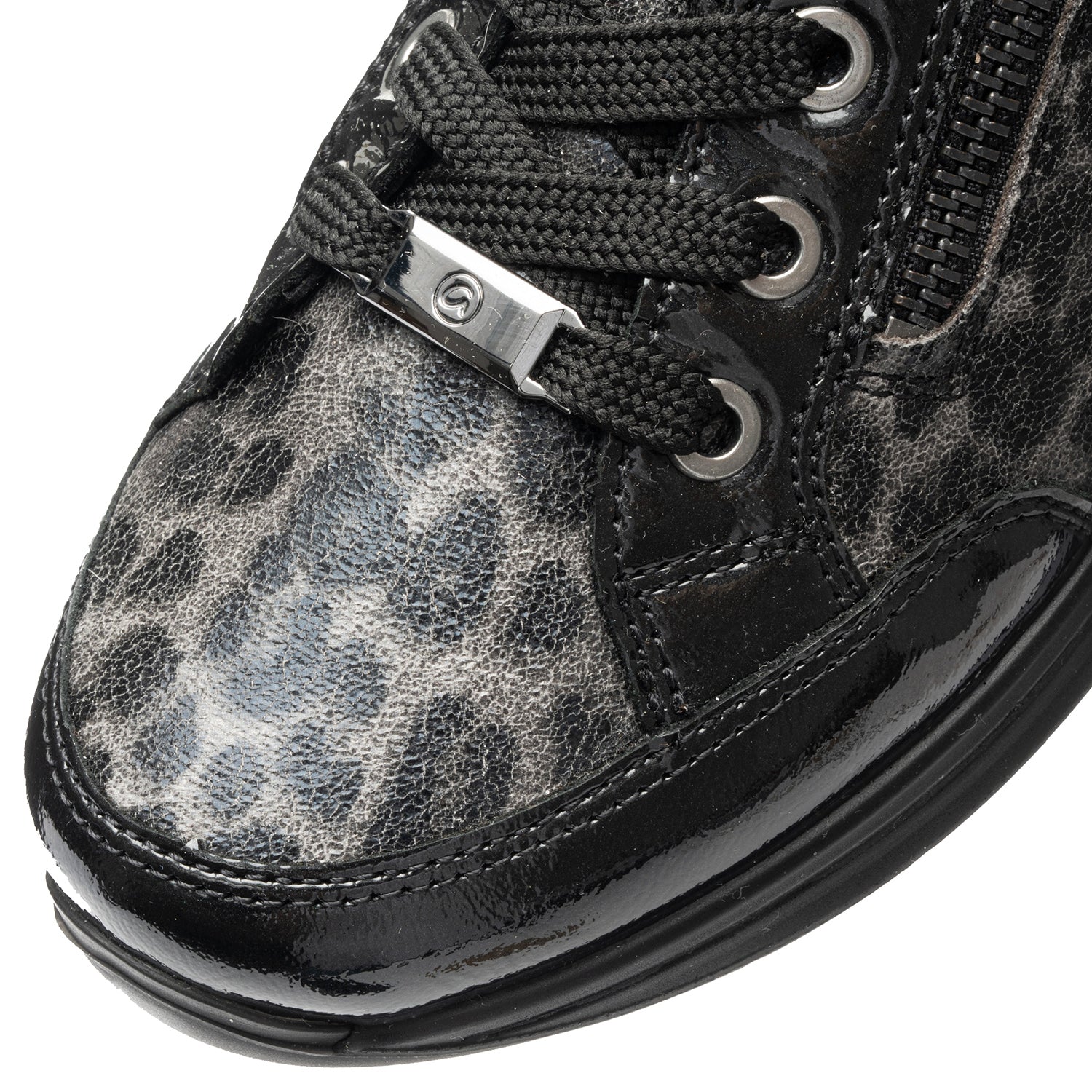 Womens Ara shoes Ara Oleanna Women's Sporty Lace Up Shoes Black/Steel Leopard Shiny Leather Ara Oleanna | Women's Casual Lace-Up Sporty | Footwear etc.