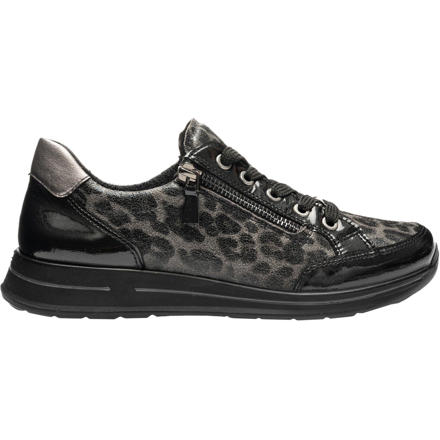 Womens Ara shoes Ara Oleanna Women's Sporty Lace Up Shoes Black/Steel Leopard Shiny Leather Ara Oleanna | Women's Casual Lace-Up Sporty | Footwear etc.
