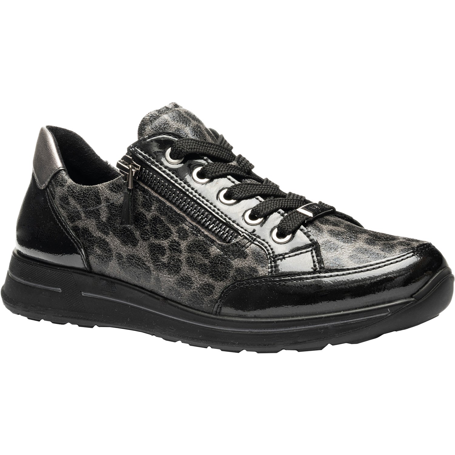 Womens Ara shoes Ara Oleanna Women's Sporty Lace Up Shoes Black/Steel Leopard Shiny Leather Ara Oleanna | Women's Casual Lace-Up Sporty | Footwear etc.