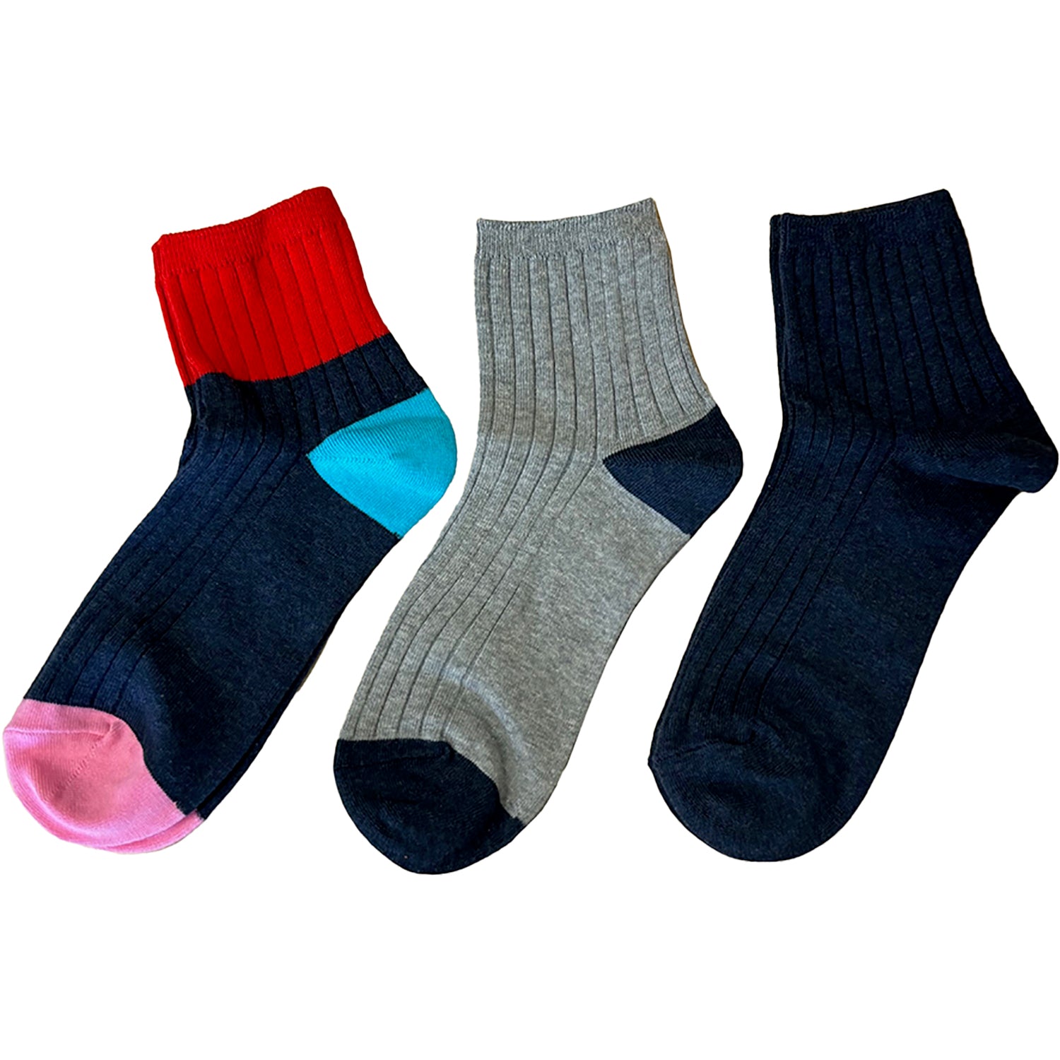 Womens Hot sox Hot Sox Rib Colorblock Ankle 3pk Women's Socks Denim/Grey/Multi Denim/Grey/Multi