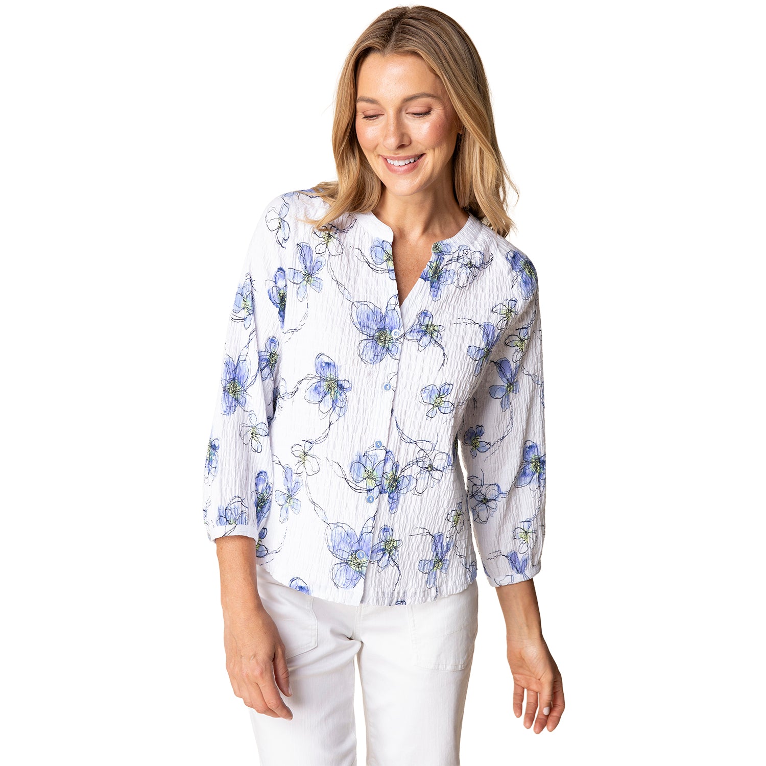 Womens Habitat Habitat Ruched Collar Swing Jacket Women's Top Indigo Wildflowers Indigo Wildflowers