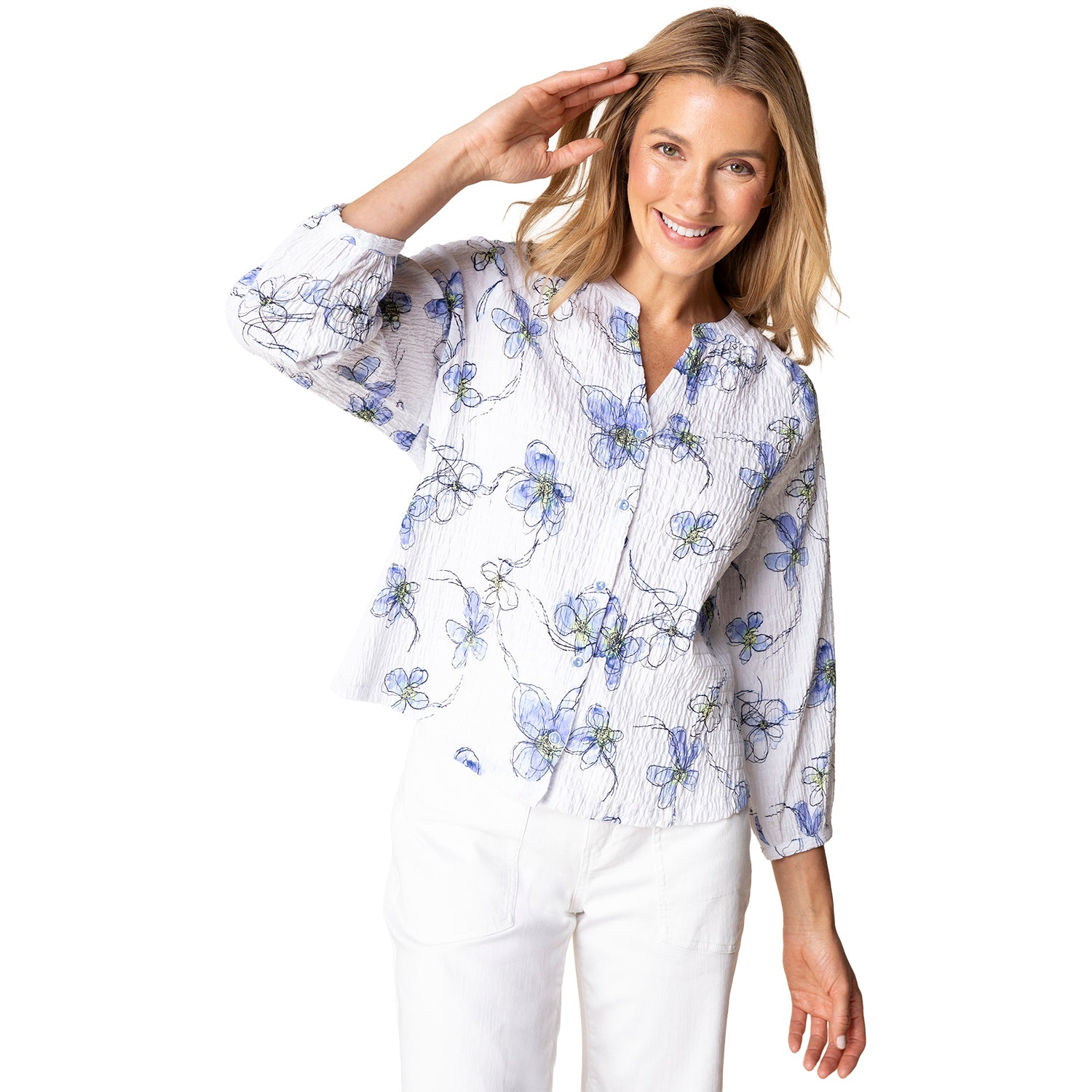 Womens Habitat Habitat Ruched Collar Swing Jacket Women's Top Indigo Wildflowers Indigo Wildflowers