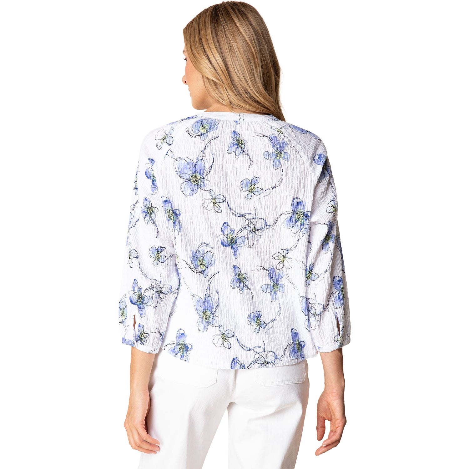 Womens Habitat Habitat Ruched Collar Swing Jacket Women's Top Indigo Wildflowers Indigo Wildflowers