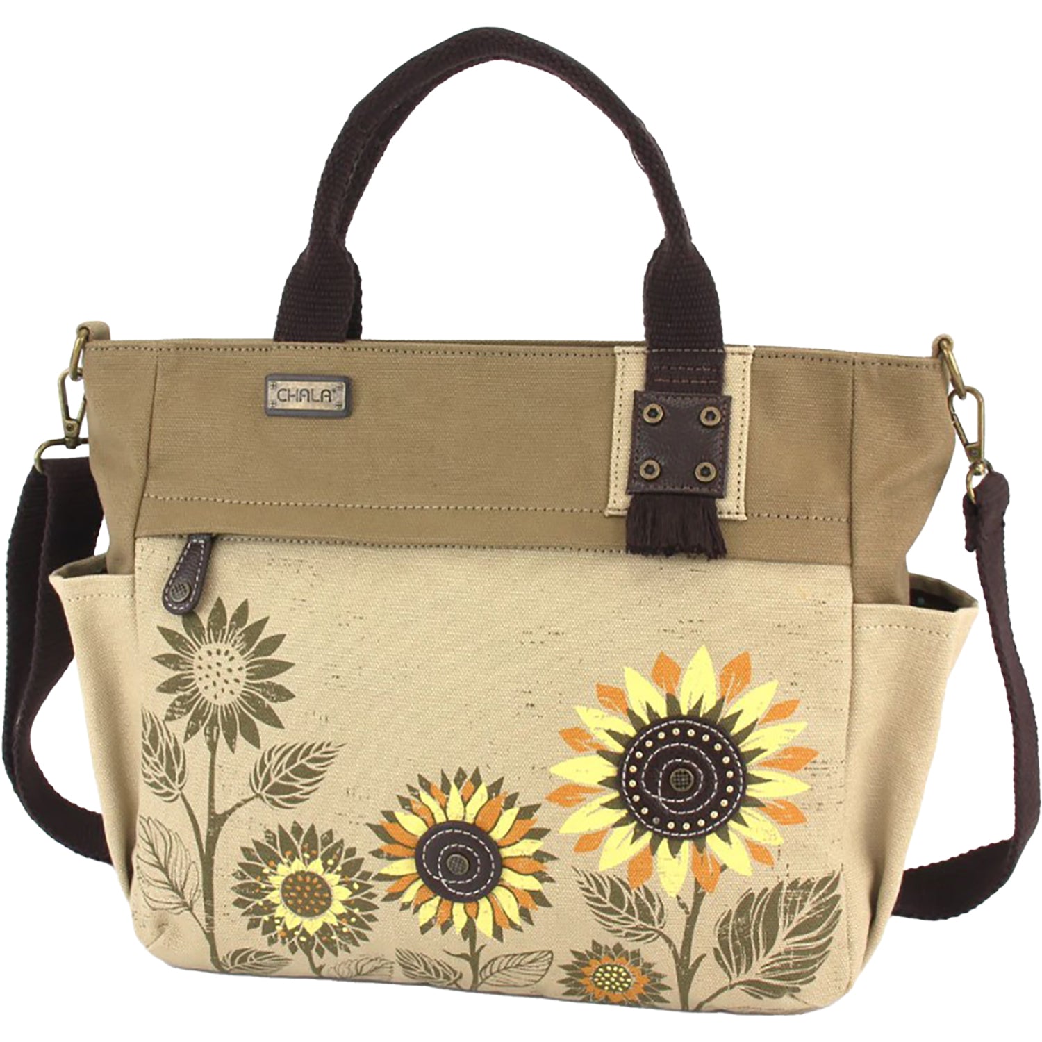 Chala Chala Sunflower Canvas Print Pocket Tote Handbag Sand Sand