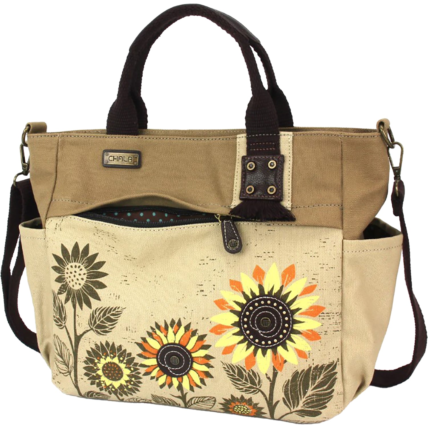 Chala Chala Sunflower Canvas Print Pocket Tote Handbag Sand Sand