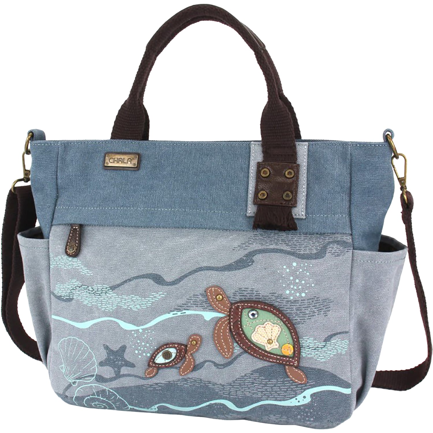 Chala Chala Turtle Canvas Print Pocket Tote Handbag Indigo Indigo
