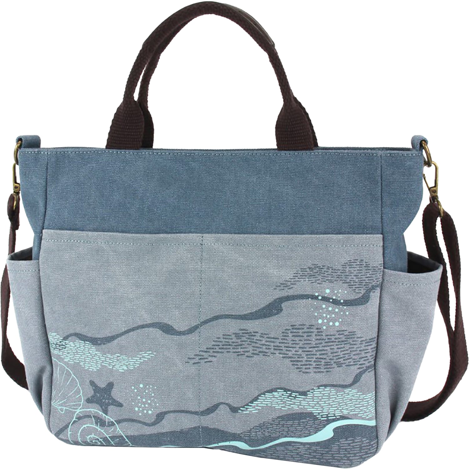 Chala Chala Turtle Canvas Print Pocket Tote Handbag Indigo Indigo
