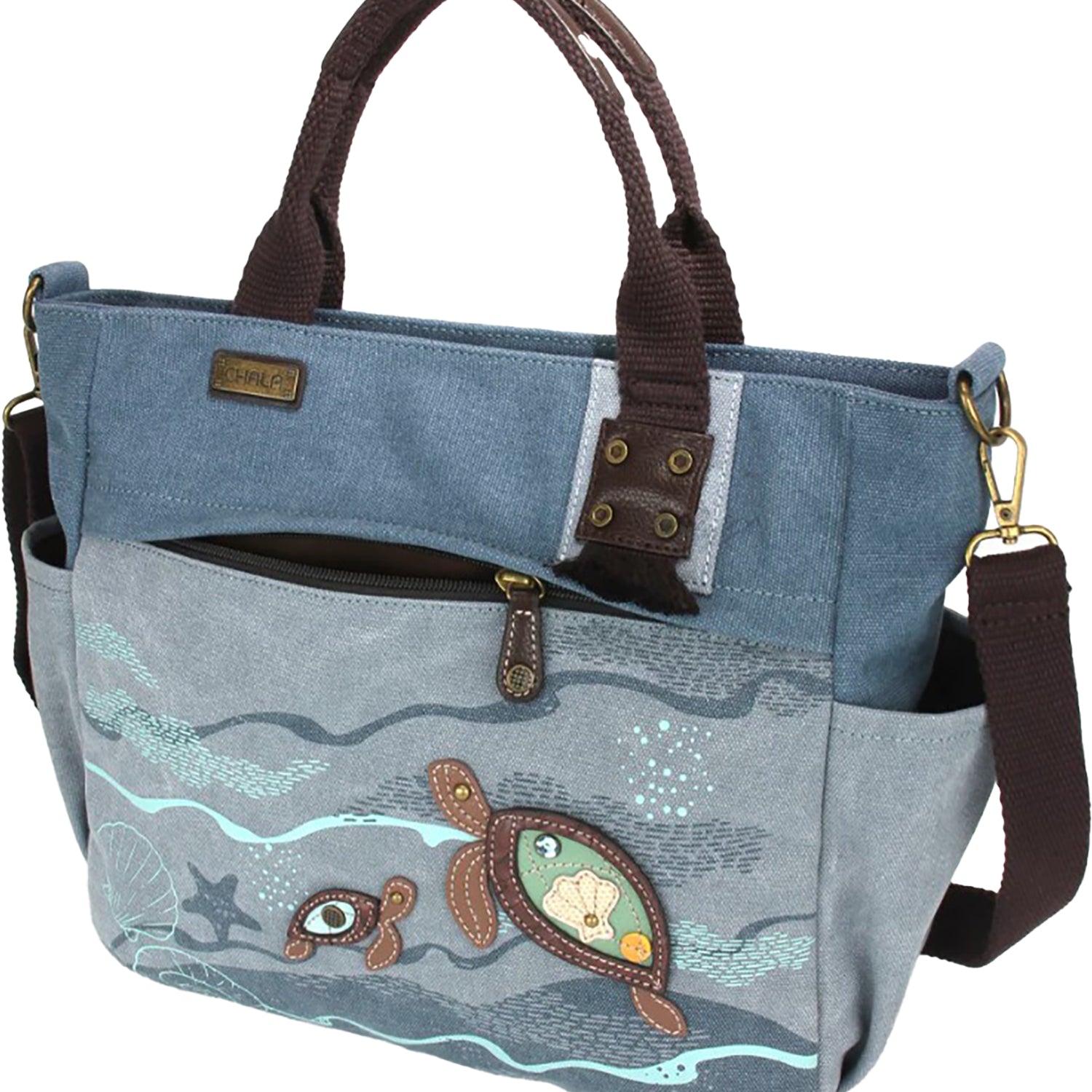 Chala Chala Turtle Canvas Print Pocket Tote Handbag Indigo Indigo