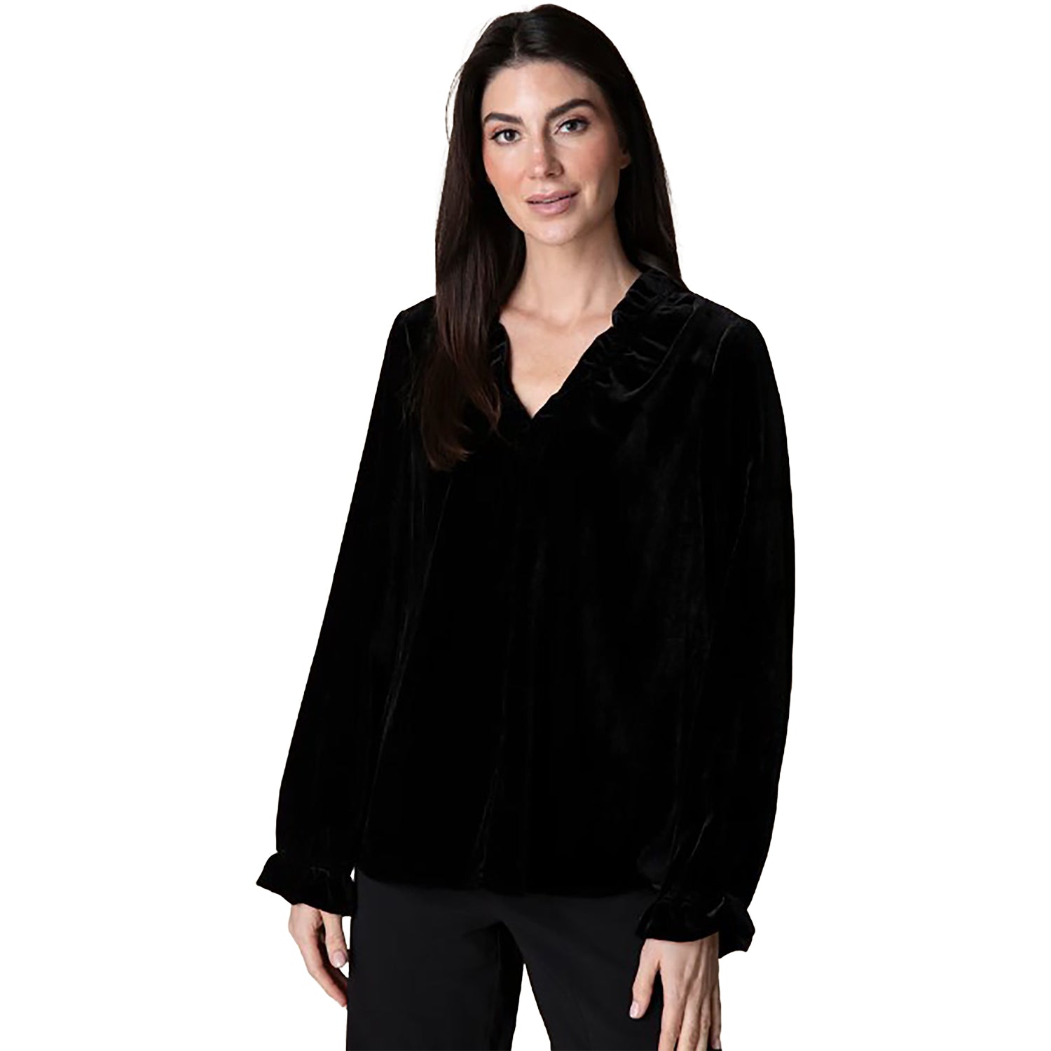 Womens Habitat Habitat Velvet Flounce Collar Pullover Women's Tops Long Sleeve Black Black