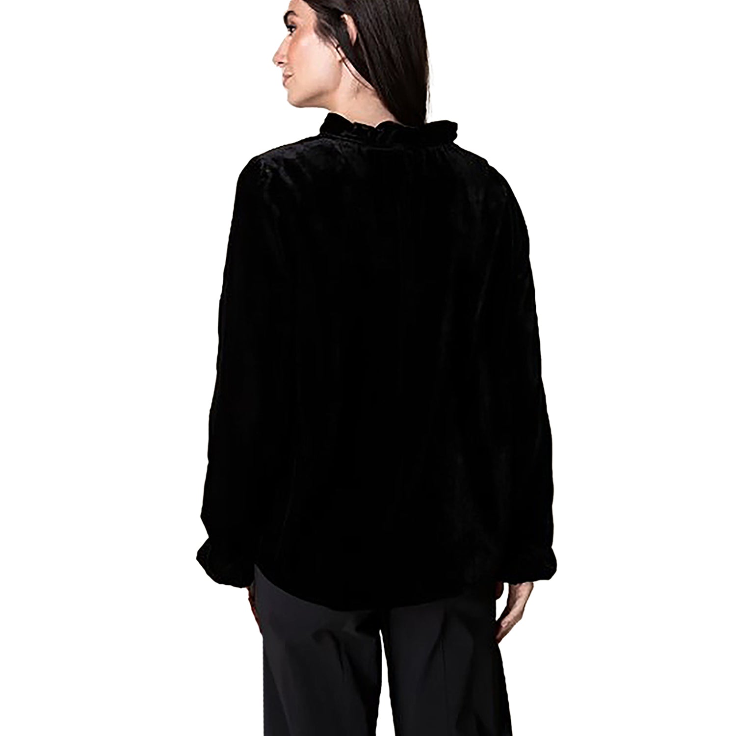 Womens Habitat Habitat Velvet Flounce Collar Pullover Women's Tops Long Sleeve Black Black
