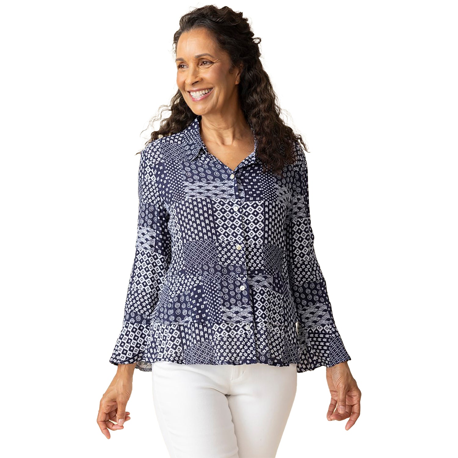 Womens Habitat Habitat Viscose Rayon Medley Double Flounce Shirt Women's Long Sleeve Top Indigo Indigo