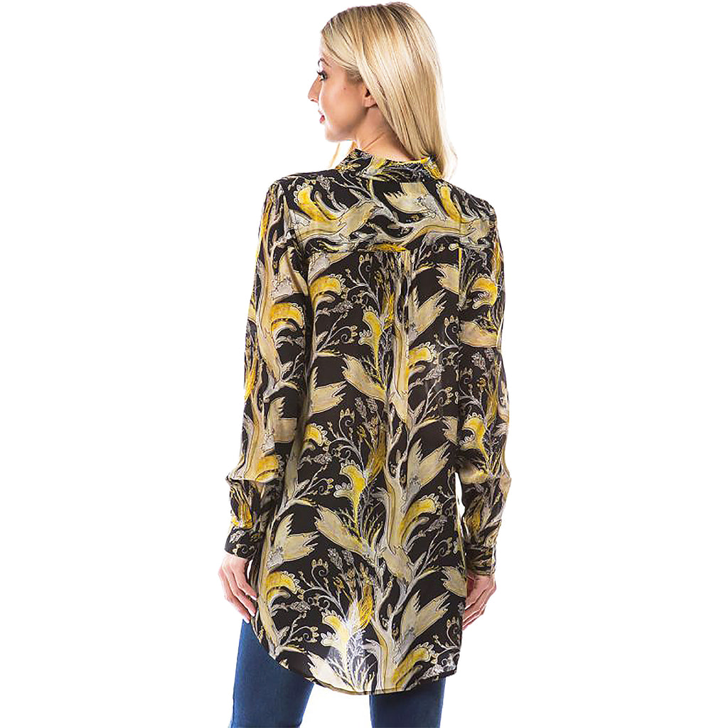 Womens Apny Women's APNY Half Button-Up Pullover Tunic Yellow and Black Print Yellow and Black Print